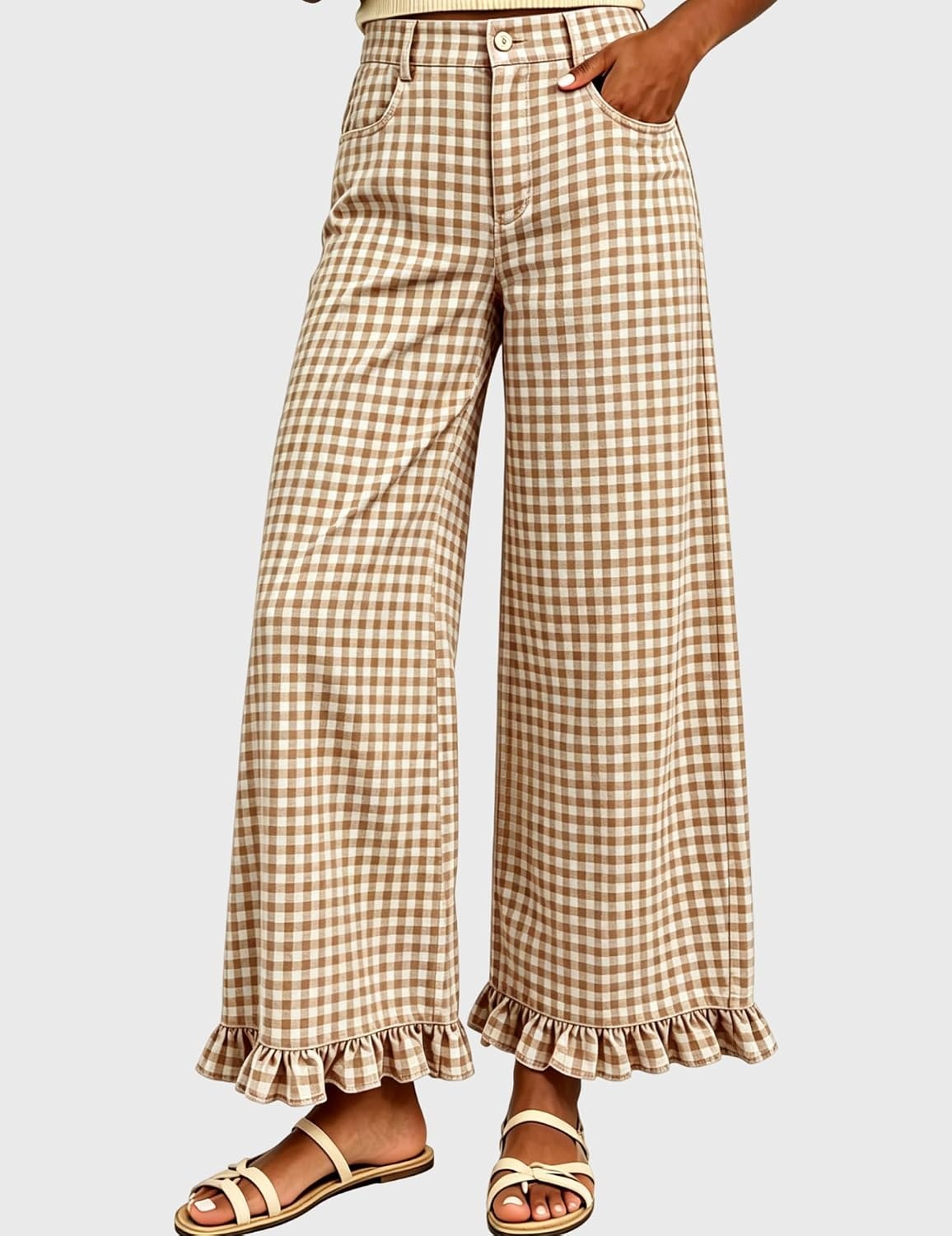image:imageTanming Womens Gingham Pants Casual Cotton Wide Leg Ruffle Hem Lounge Pants Plaid Trousers with PocketsKhaki