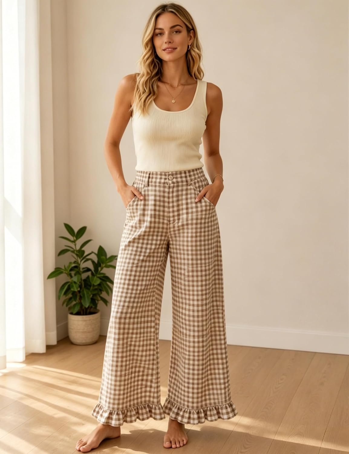 image:imageTanming Womens Gingham Pants Casual Cotton Wide Leg Ruffle Hem Lounge Pants Plaid Trousers with PocketsKhaki