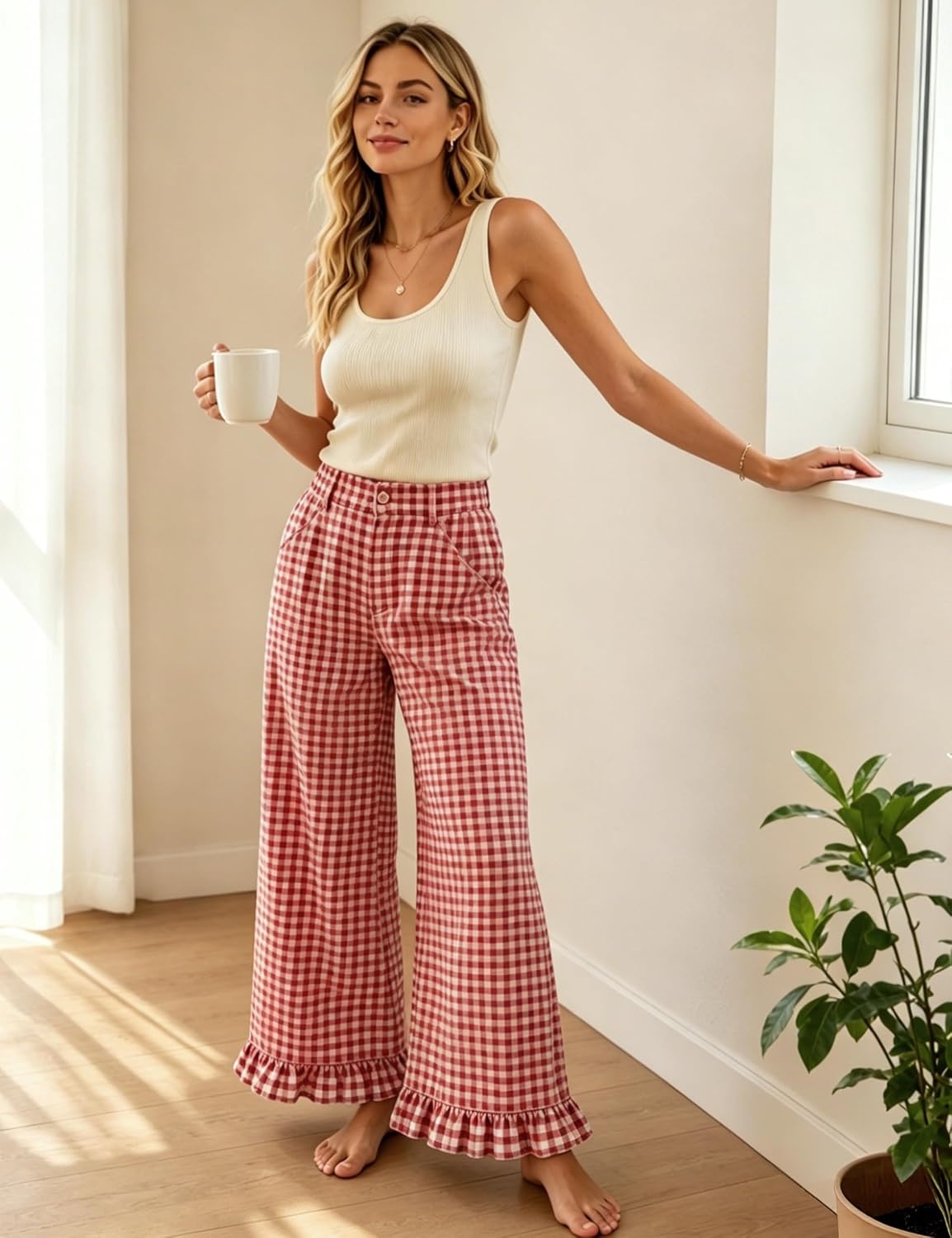 image:imageTanming Womens Gingham Pants Casual Cotton Wide Leg Ruffle Hem Lounge Pants Plaid Trousers with PocketsRed
