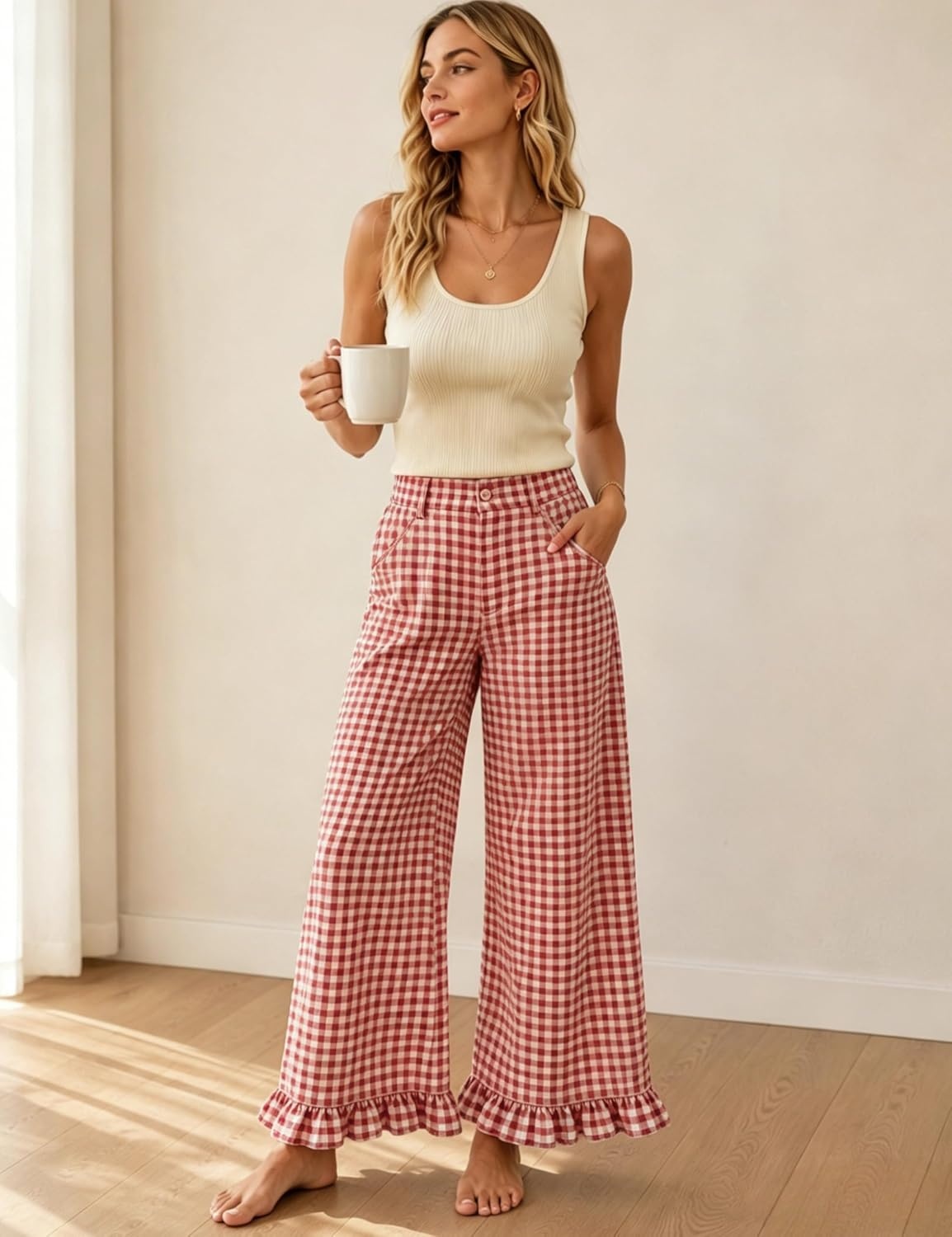 image:imageTanming Womens Gingham Pants Casual Cotton Wide Leg Ruffle Hem Lounge Pants Plaid Trousers with PocketsRed