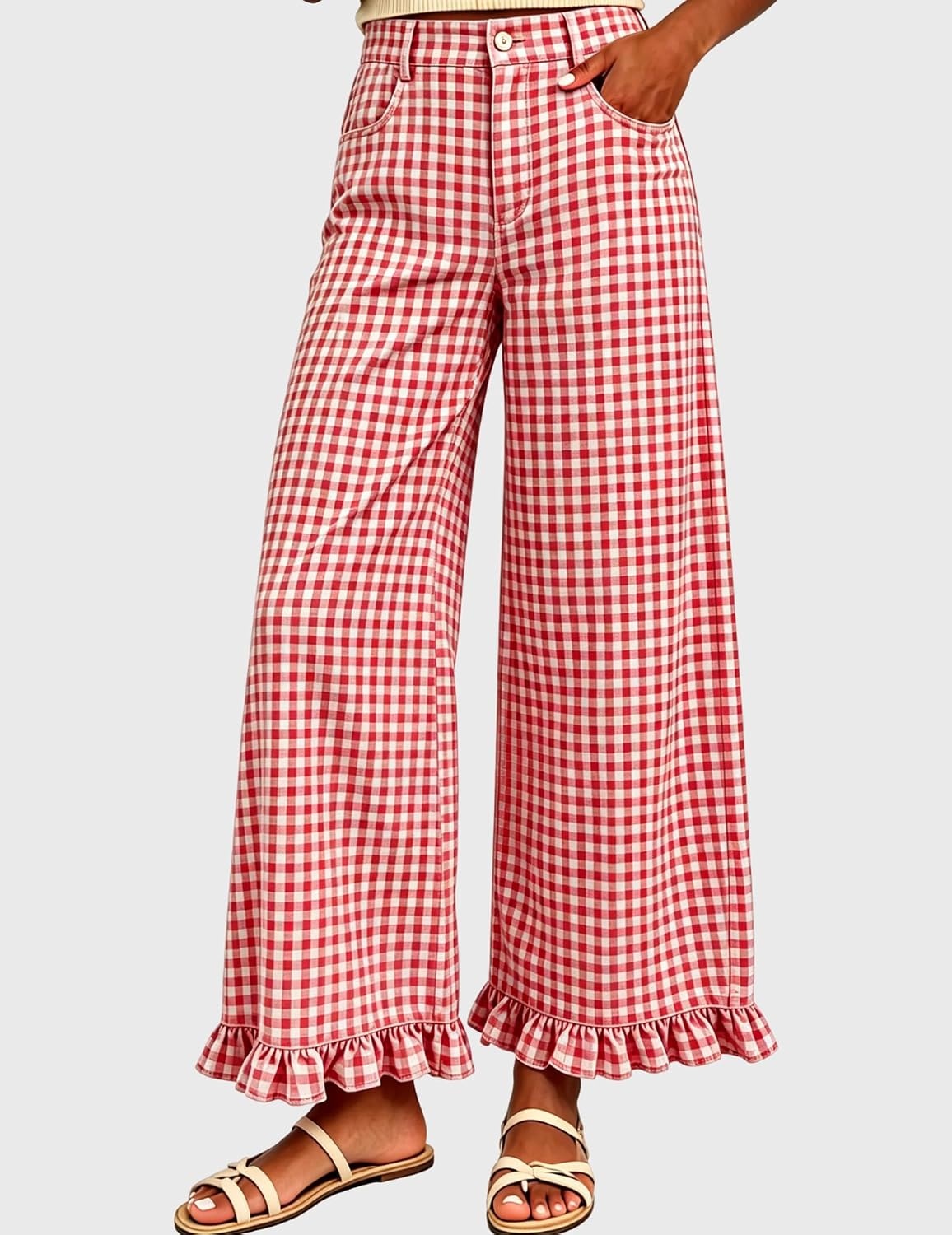 image:imageTanming Womens Gingham Pants Casual Cotton Wide Leg Ruffle Hem Lounge Pants Plaid Trousers with PocketsRed