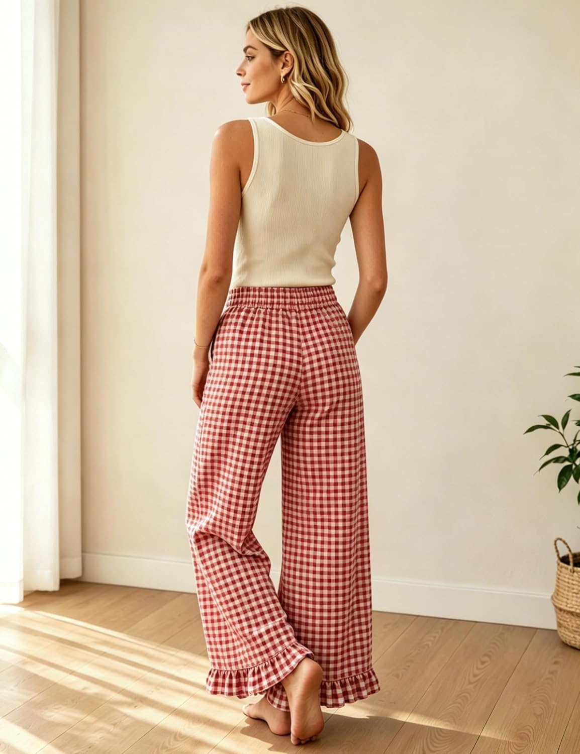 image:imageTanming Womens Gingham Pants Casual Cotton Wide Leg Ruffle Hem Lounge Pants Plaid Trousers with PocketsRed