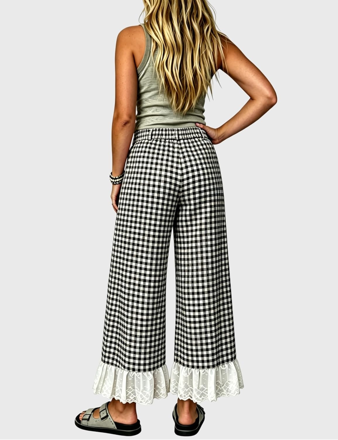 image:imageTanming Womens Gingham Wide Leg Palazzo Pants Casual LaceHem Lounge Pants PJ Bottoms with Pockets for VacationBlack