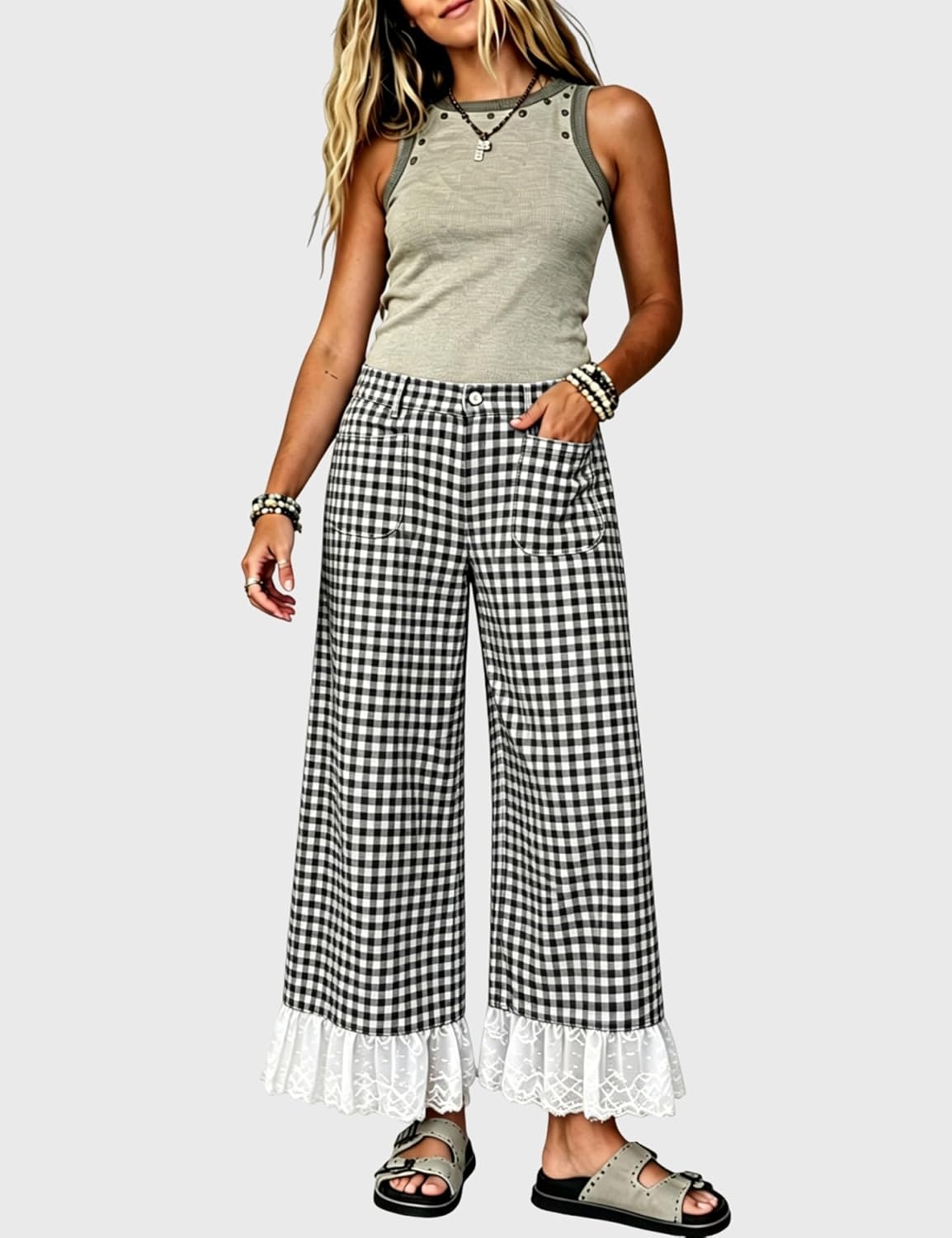 image:imageTanming Womens Gingham Wide Leg Palazzo Pants Casual LaceHem Lounge Pants PJ Bottoms with Pockets for VacationBlack