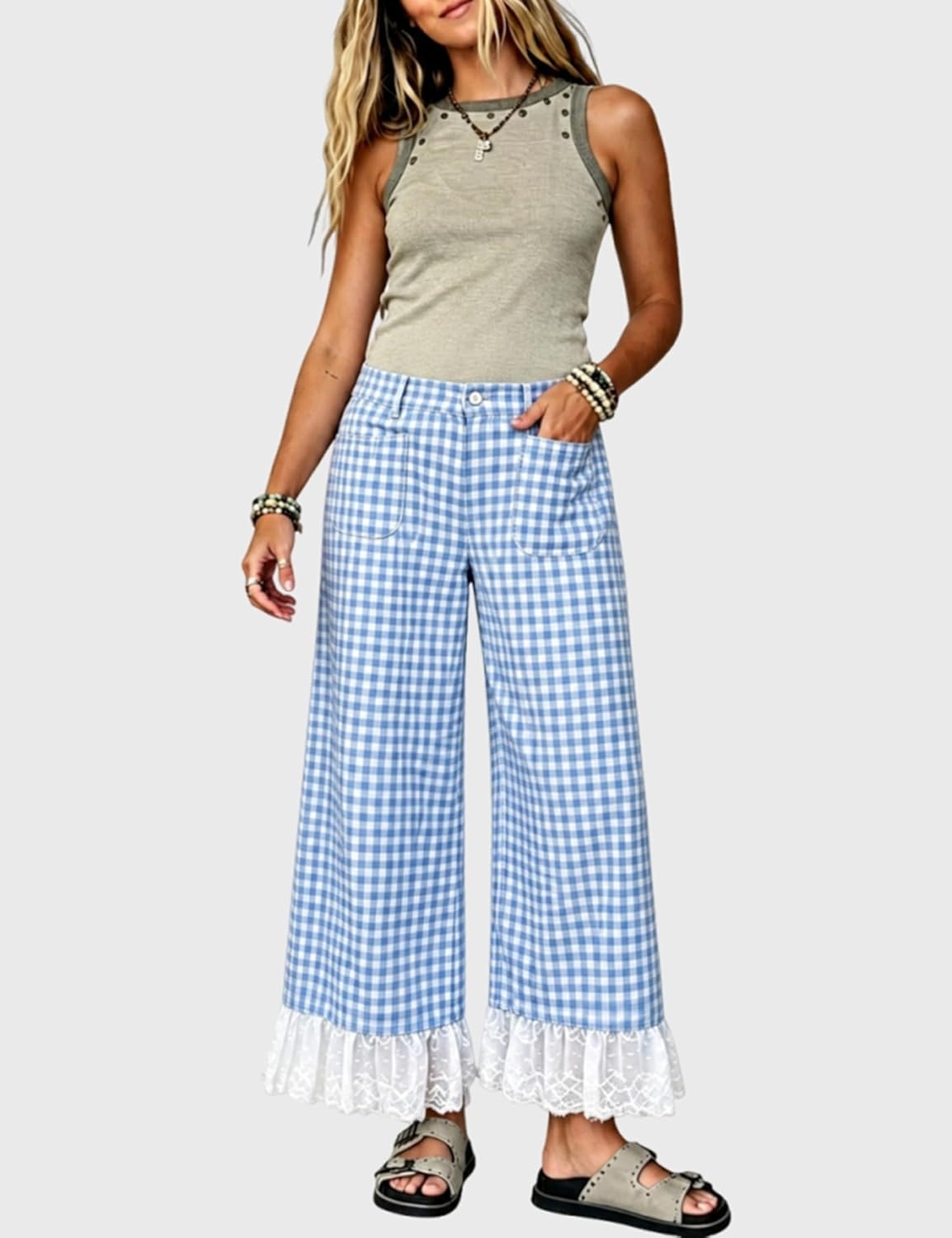image:imageTanming Womens Gingham Wide Leg Palazzo Pants Casual LaceHem Lounge Pants PJ Bottoms with Pockets for VacationBlue