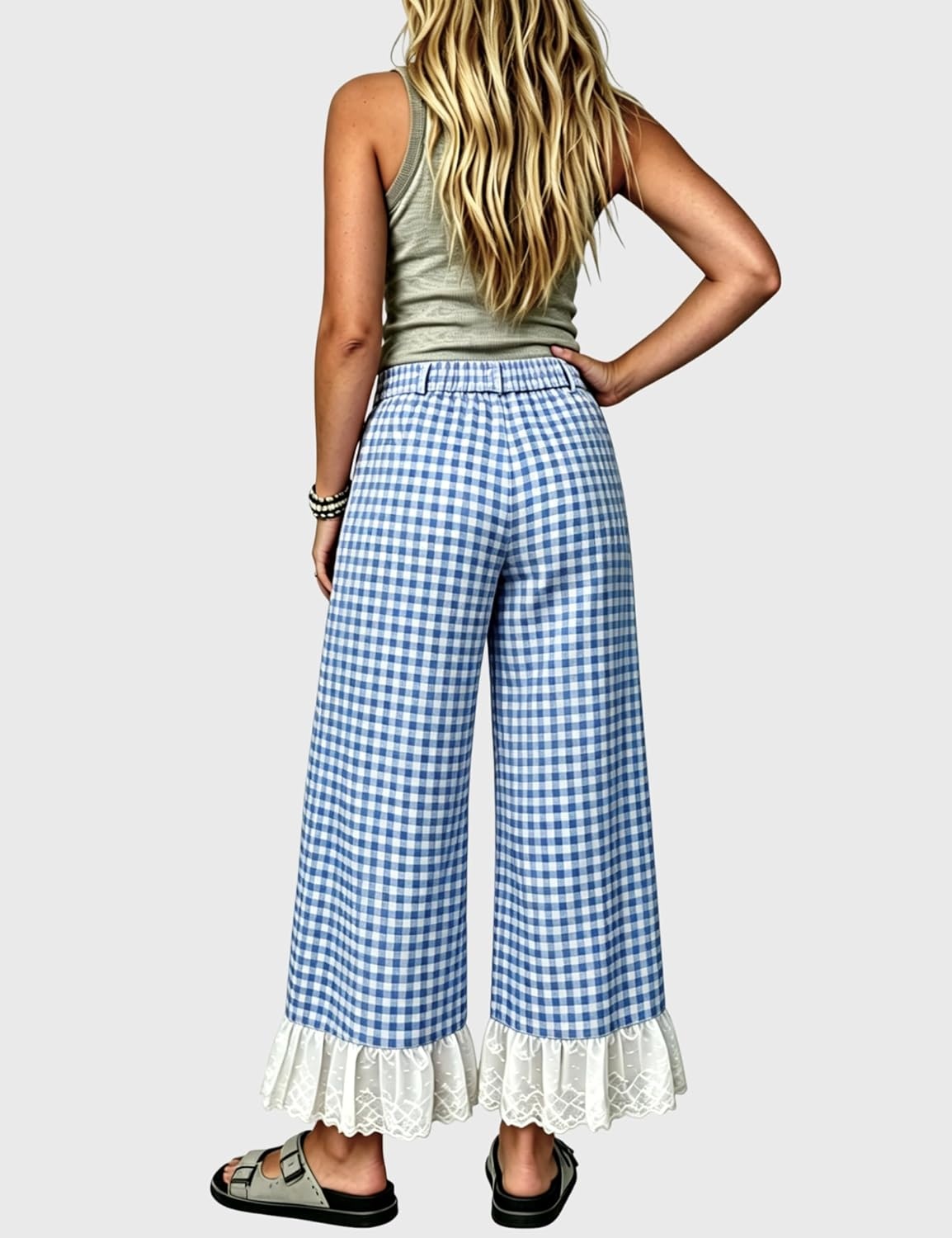 image:imageTanming Womens Gingham Wide Leg Palazzo Pants Casual LaceHem Lounge Pants PJ Bottoms with Pockets for VacationBlue