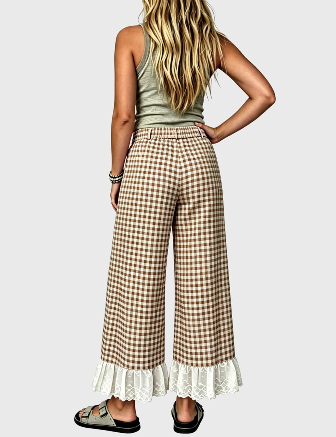 image:imageTanming Womens Gingham Wide Leg Palazzo Pants Casual LaceHem Lounge Pants PJ Bottoms with Pockets for VacationBrown