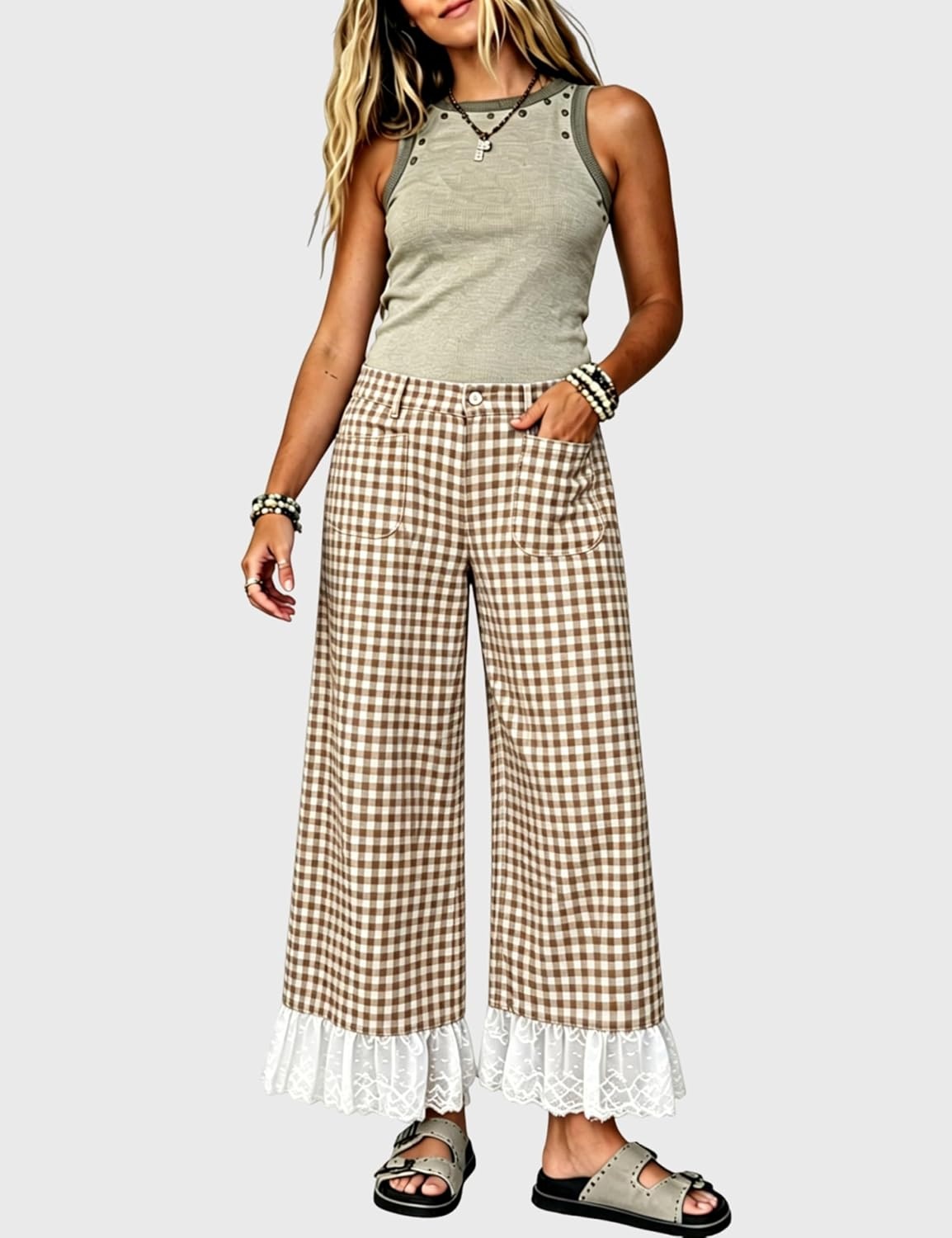 image:imageTanming Womens Gingham Wide Leg Palazzo Pants Casual LaceHem Lounge Pants PJ Bottoms with Pockets for VacationBrown