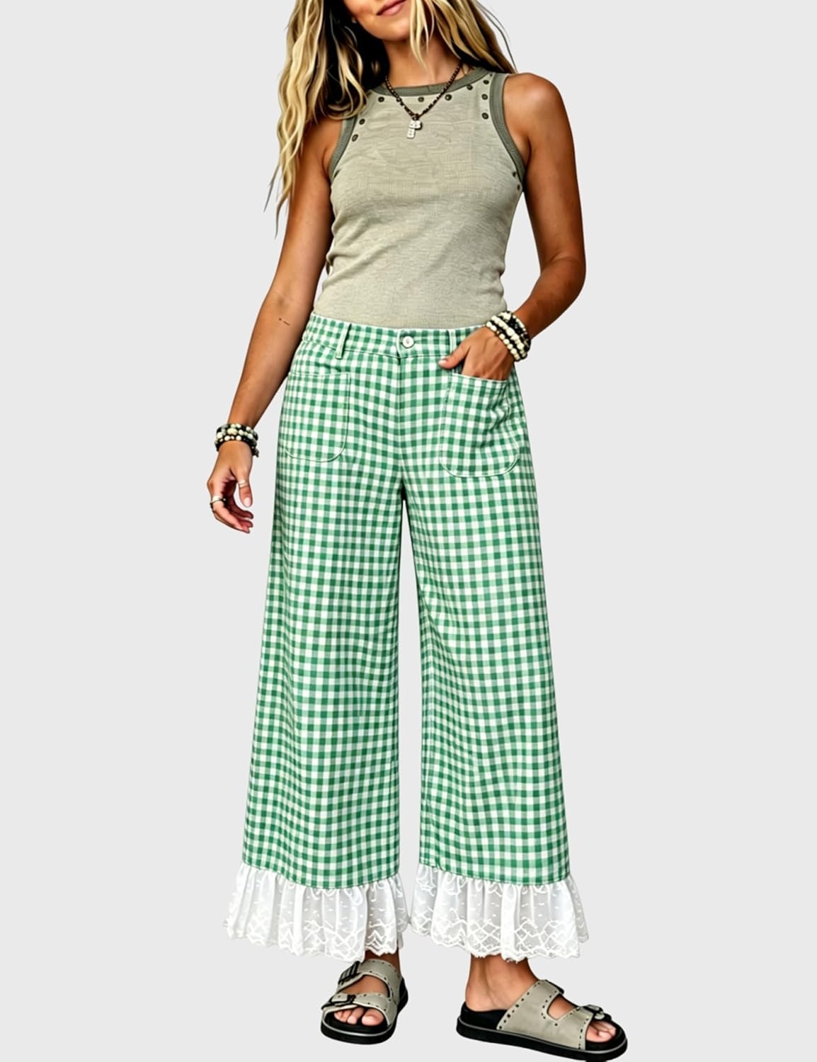 image:imageTanming Womens Gingham Wide Leg Palazzo Pants Casual LaceHem Lounge Pants PJ Bottoms with Pockets for VacationGreen