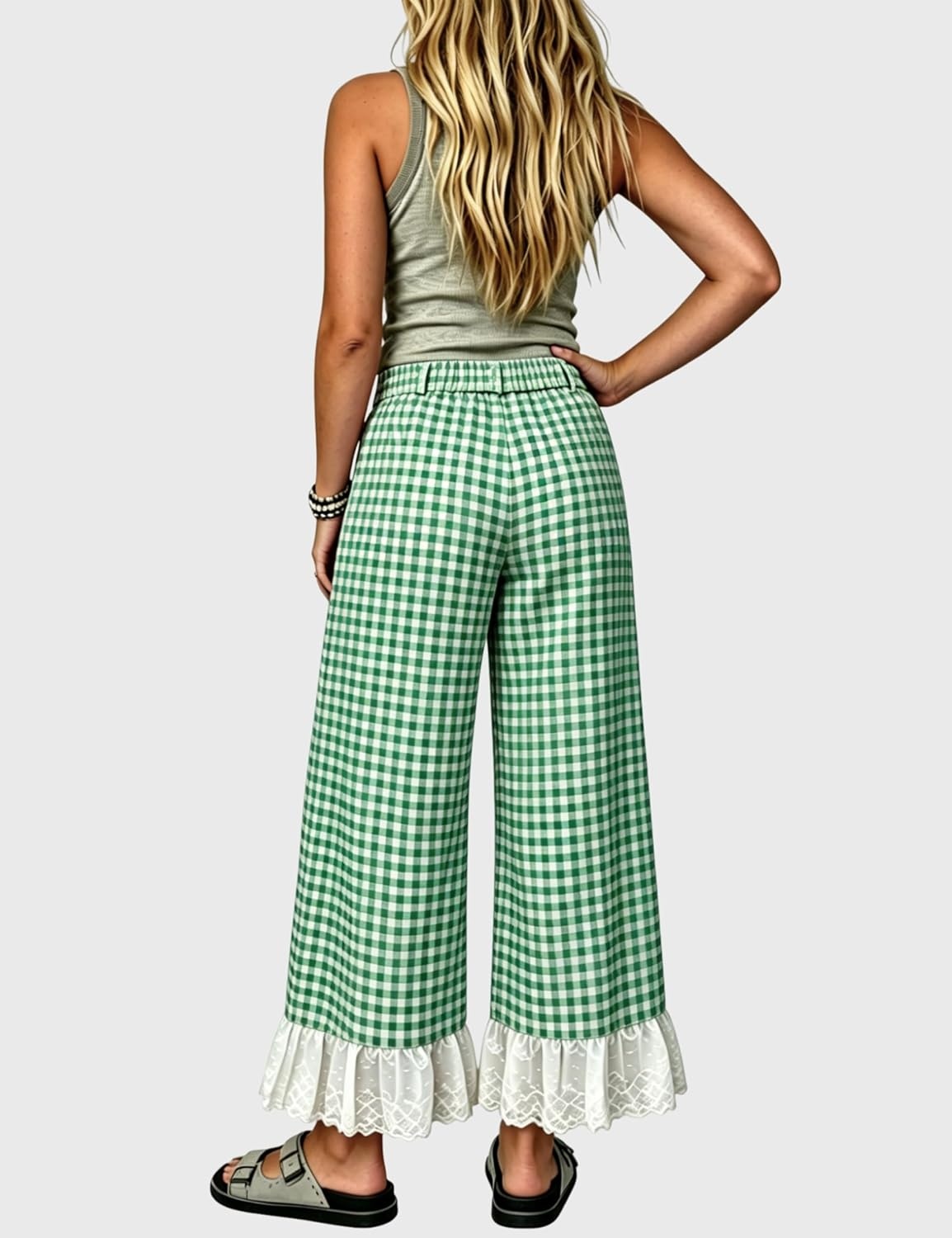 image:imageTanming Womens Gingham Wide Leg Palazzo Pants Casual LaceHem Lounge Pants PJ Bottoms with Pockets for VacationGreen
