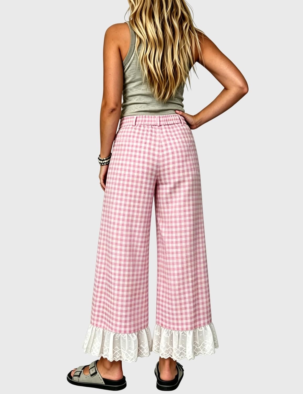 image:imageTanming Womens Gingham Wide Leg Palazzo Pants Casual LaceHem Lounge Pants PJ Bottoms with Pockets for VacationPink