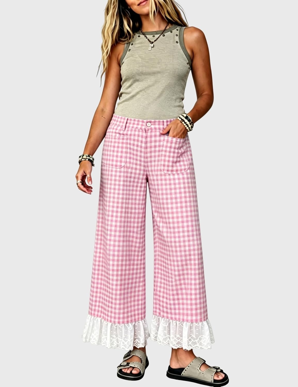 image:imageTanming Womens Gingham Wide Leg Palazzo Pants Casual LaceHem Lounge Pants PJ Bottoms with Pockets for VacationPink