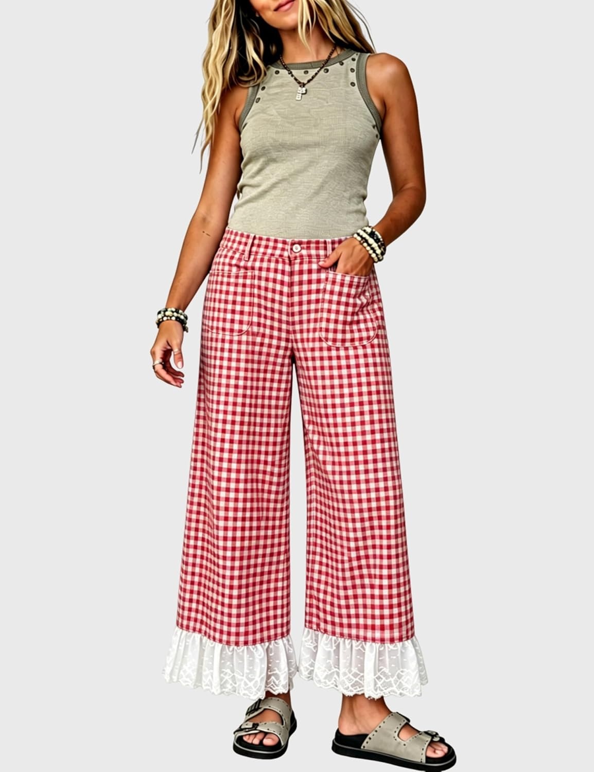 image:imageTanming Womens Gingham Wide Leg Palazzo Pants Casual LaceHem Lounge Pants PJ Bottoms with Pockets for VacationRed