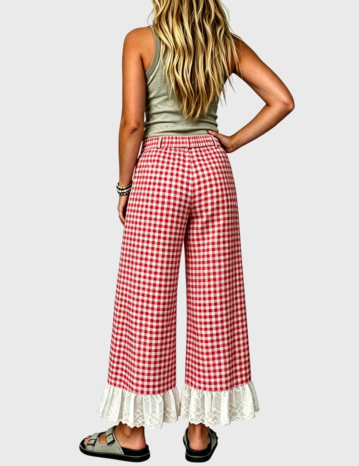 image:imageTanming Womens Gingham Wide Leg Palazzo Pants Casual LaceHem Lounge Pants PJ Bottoms with Pockets for VacationRed