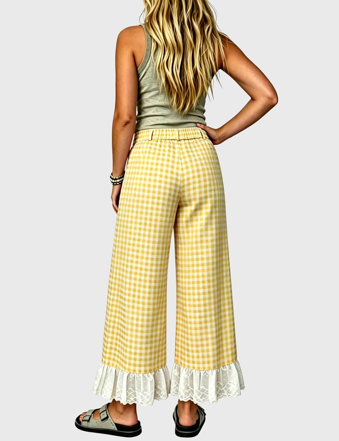image:imageTanming Womens Gingham Wide Leg Palazzo Pants Casual LaceHem Lounge Pants PJ Bottoms with Pockets for VacationYellow
