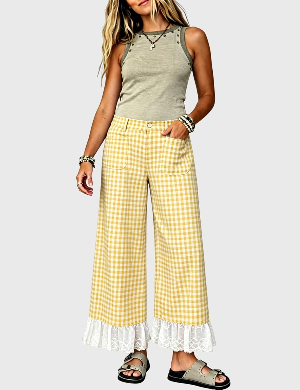 image:imageTanming Womens Gingham Wide Leg Palazzo Pants Casual LaceHem Lounge Pants PJ Bottoms with Pockets for VacationYellow