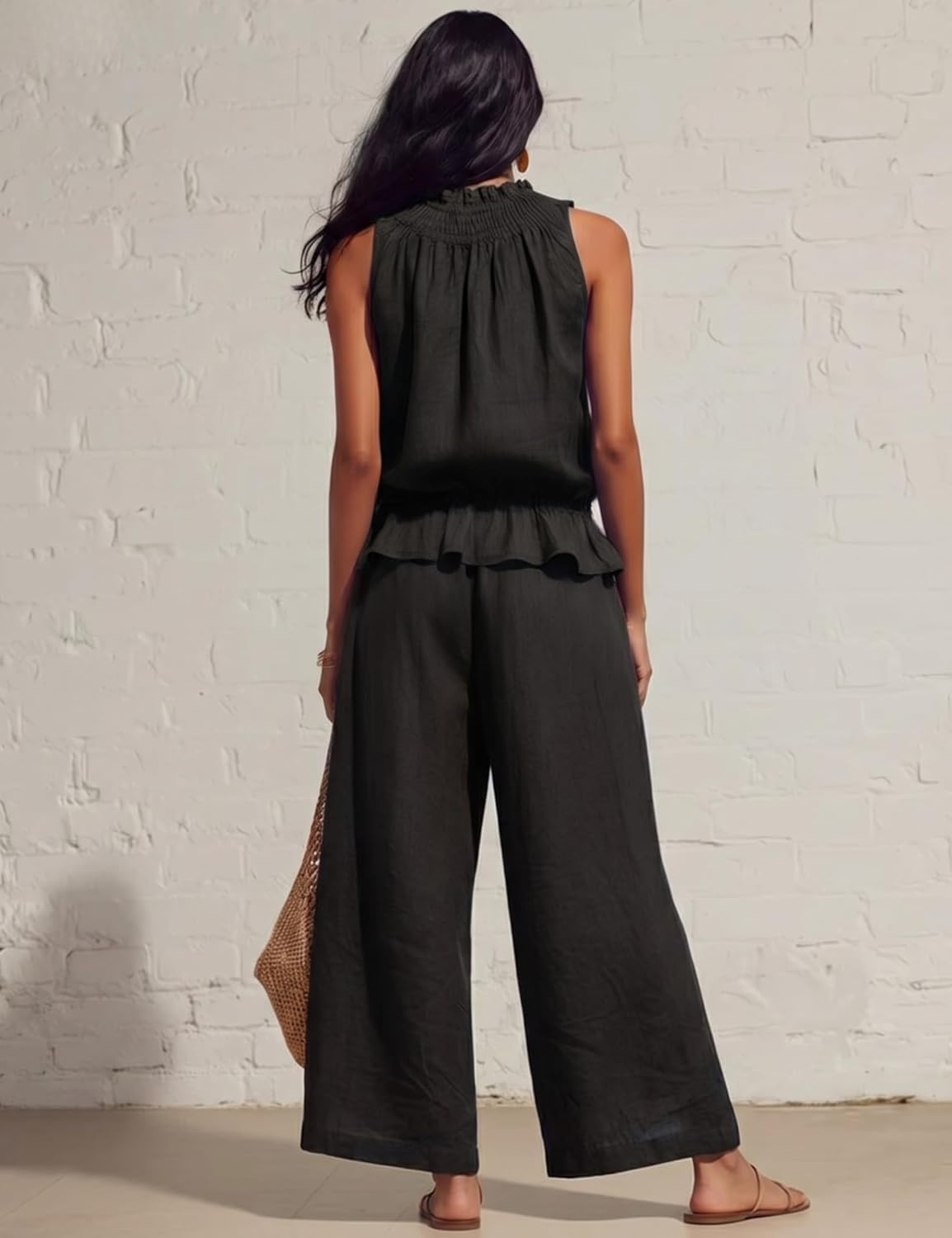image:imageTanming Womens Linen 2 Piece Outfits Sleeveless Ruffle Top Wide Leg Pants Summer Loungewear Beach Travel SetsBlack
