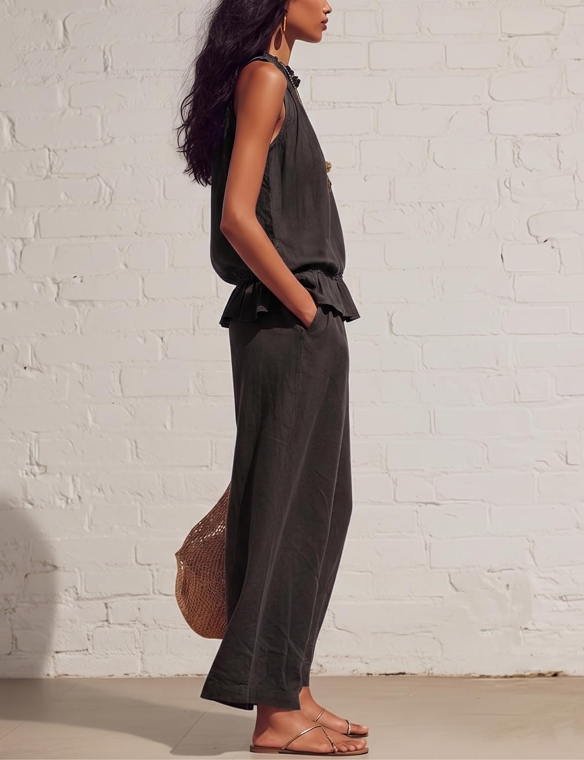 image:imageTanming Womens Linen 2 Piece Outfits Sleeveless Ruffle Top Wide Leg Pants Summer Loungewear Beach Travel SetsBlack