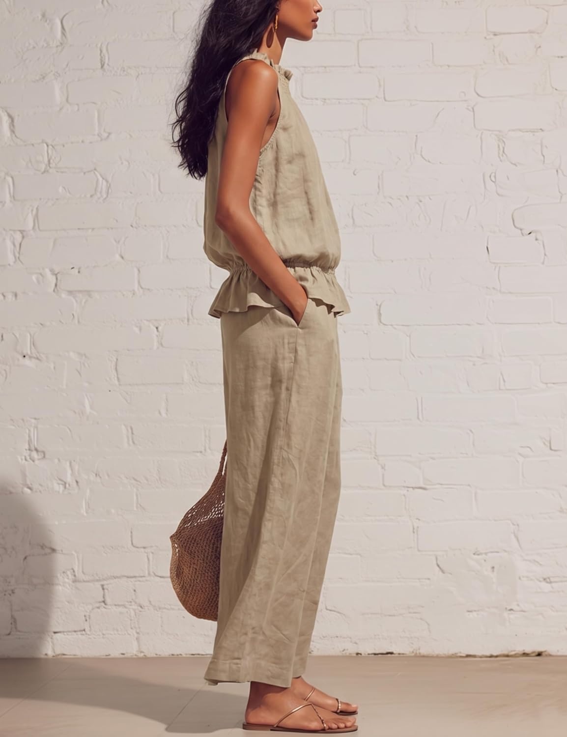 image:imageTanming Womens Linen 2 Piece Outfits Sleeveless Ruffle Top Wide Leg Pants Summer Loungewear Beach Travel SetsKhaki