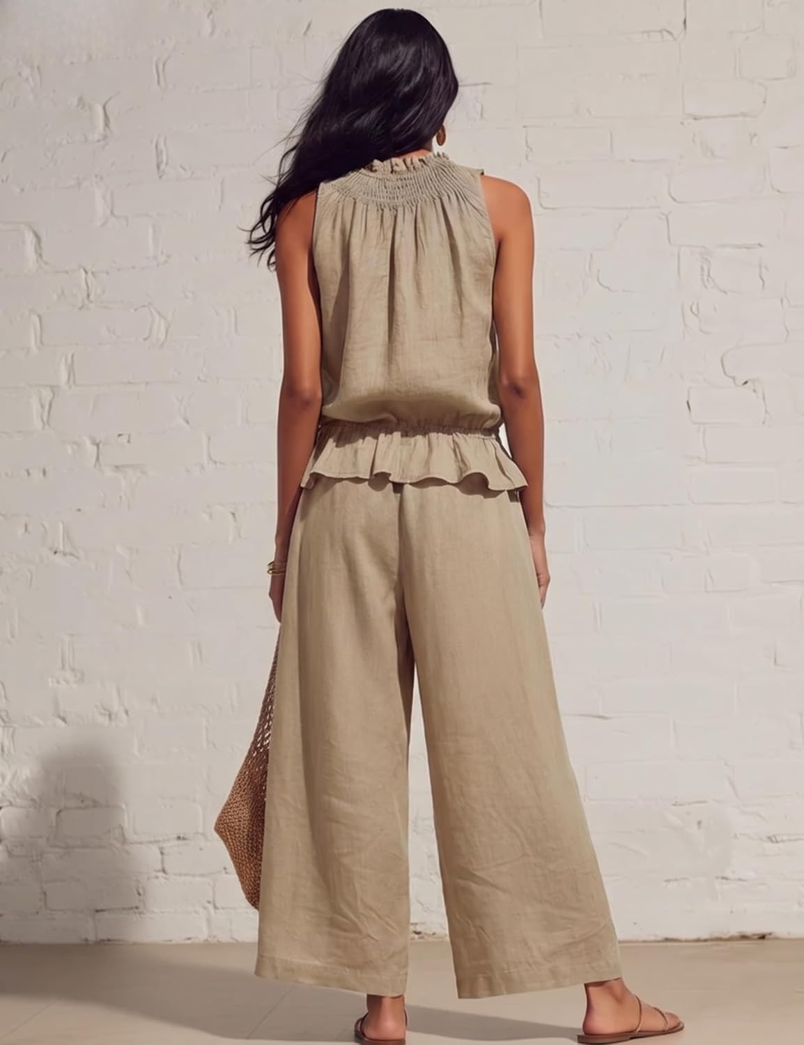 image:imageTanming Womens Linen 2 Piece Outfits Sleeveless Ruffle Top Wide Leg Pants Summer Loungewear Beach Travel SetsKhaki