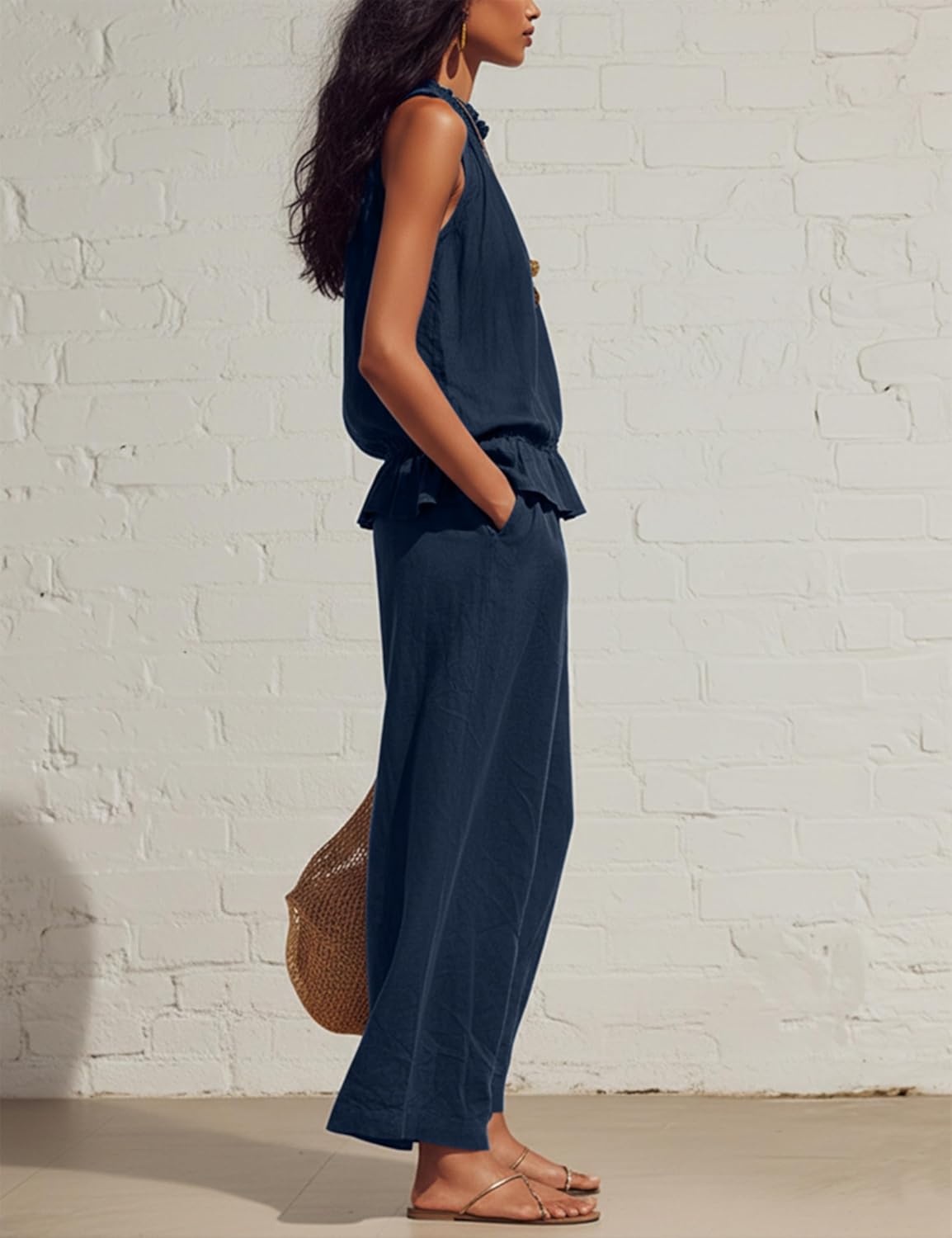 image:imageTanming Womens Linen 2 Piece Outfits Sleeveless Ruffle Top Wide Leg Pants Summer Loungewear Beach Travel SetsNavy