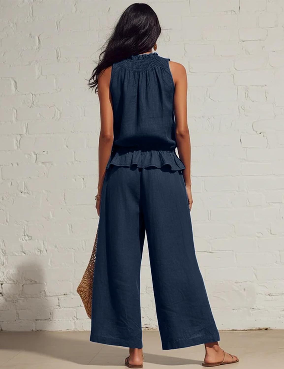 image:imageTanming Womens Linen 2 Piece Outfits Sleeveless Ruffle Top Wide Leg Pants Summer Loungewear Beach Travel SetsNavy