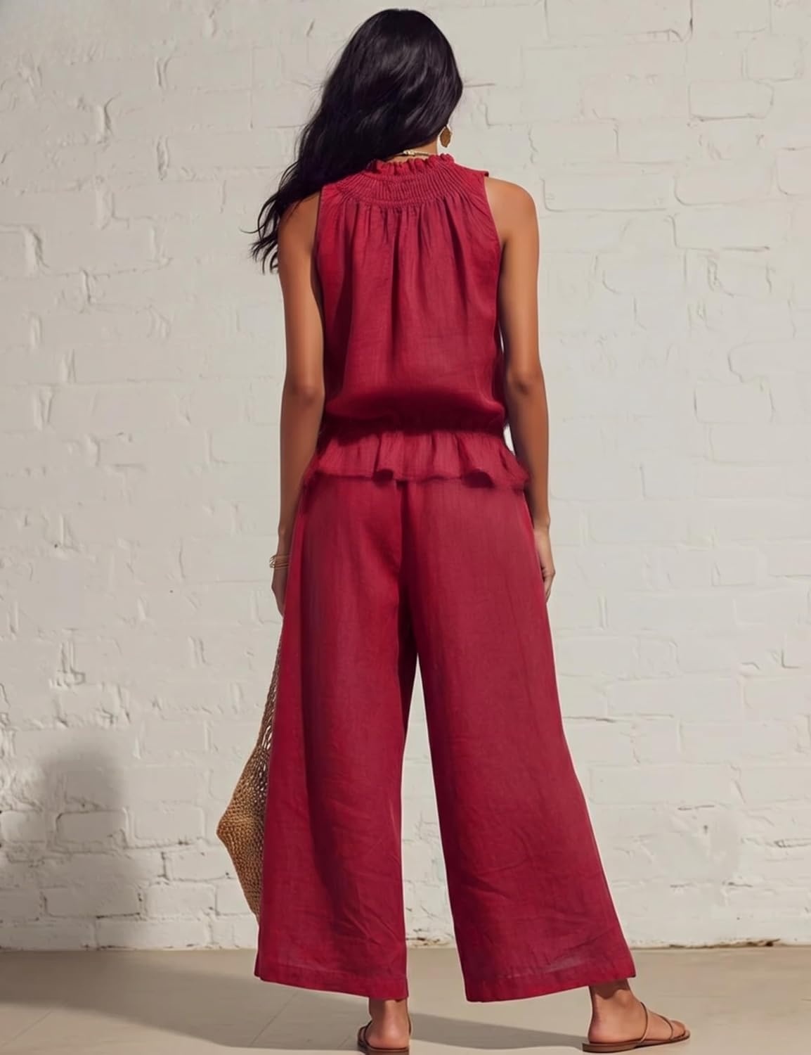 image:imageTanming Womens Linen 2 Piece Outfits Sleeveless Ruffle Top Wide Leg Pants Summer Loungewear Beach Travel SetsRed