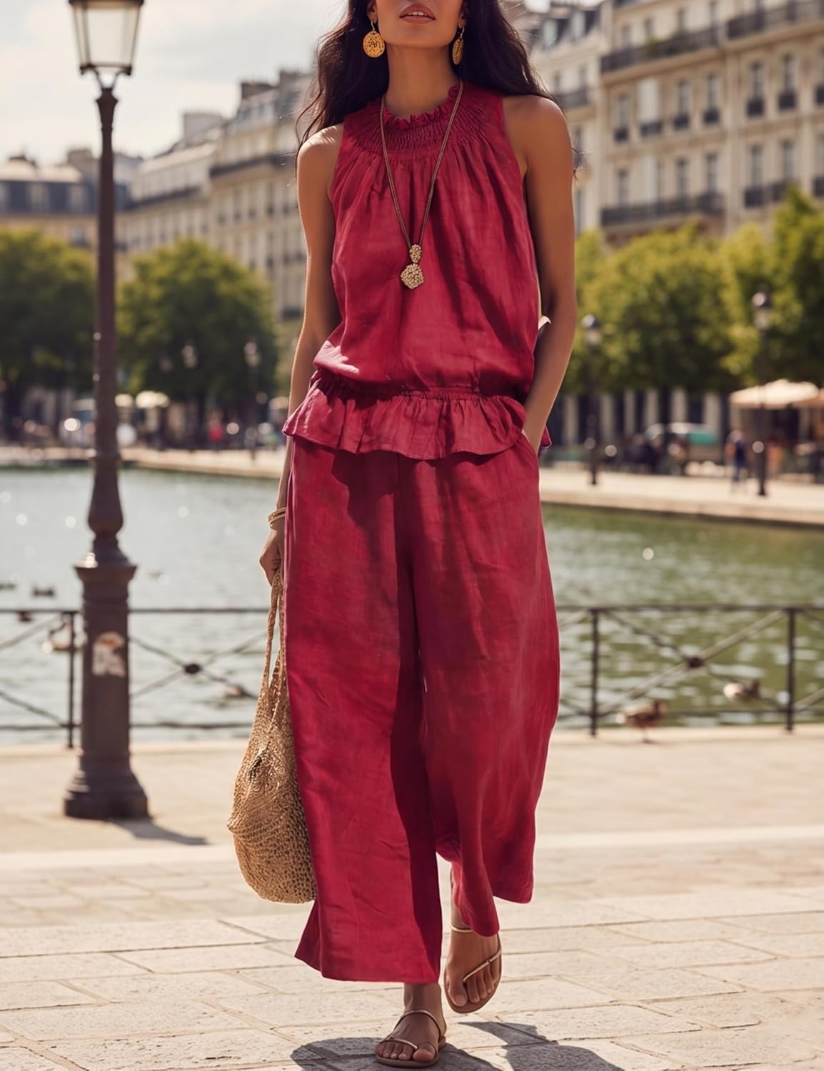 image:imageTanming Womens Linen 2 Piece Outfits Sleeveless Ruffle Top Wide Leg Pants Summer Loungewear Beach Travel SetsRed