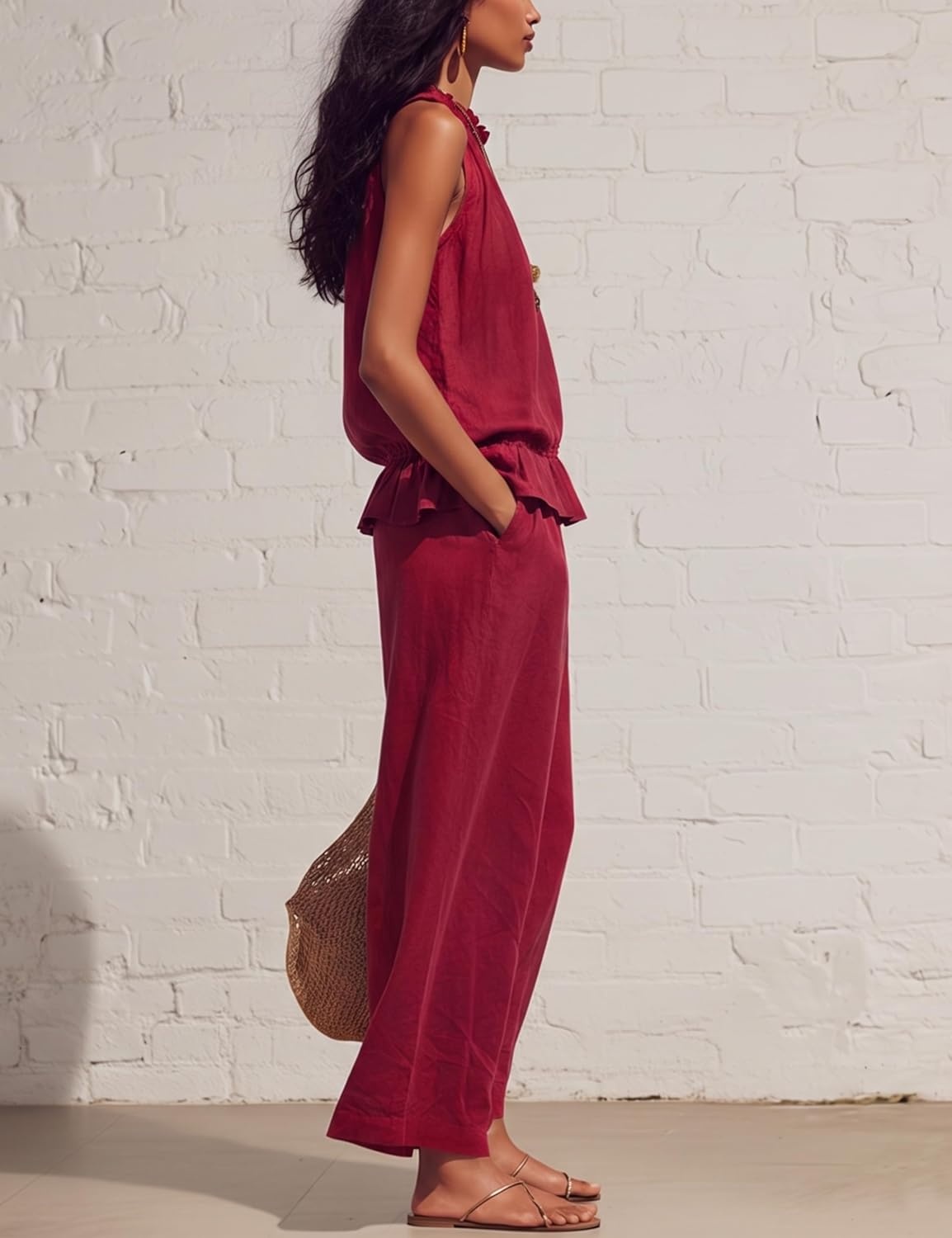 image:imageTanming Womens Linen 2 Piece Outfits Sleeveless Ruffle Top Wide Leg Pants Summer Loungewear Beach Travel SetsRed