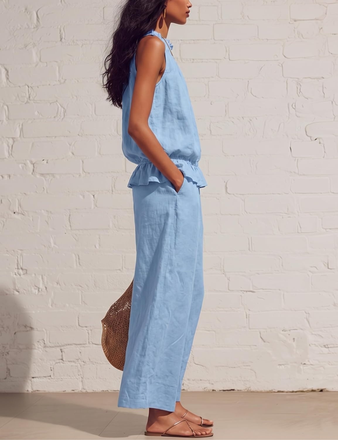 image:imageTanming Womens Linen 2 Piece Outfits Sleeveless Ruffle Top Wide Leg Pants Summer Loungewear Beach Travel SetsSky Blue