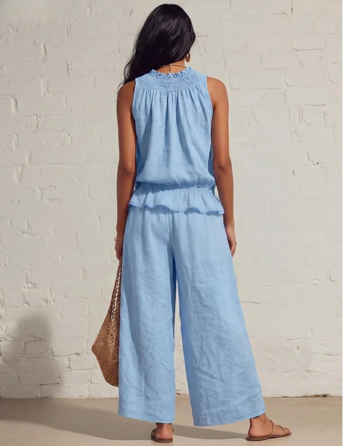 image:imageTanming Womens Linen 2 Piece Outfits Sleeveless Ruffle Top Wide Leg Pants Summer Loungewear Beach Travel SetsSky Blue