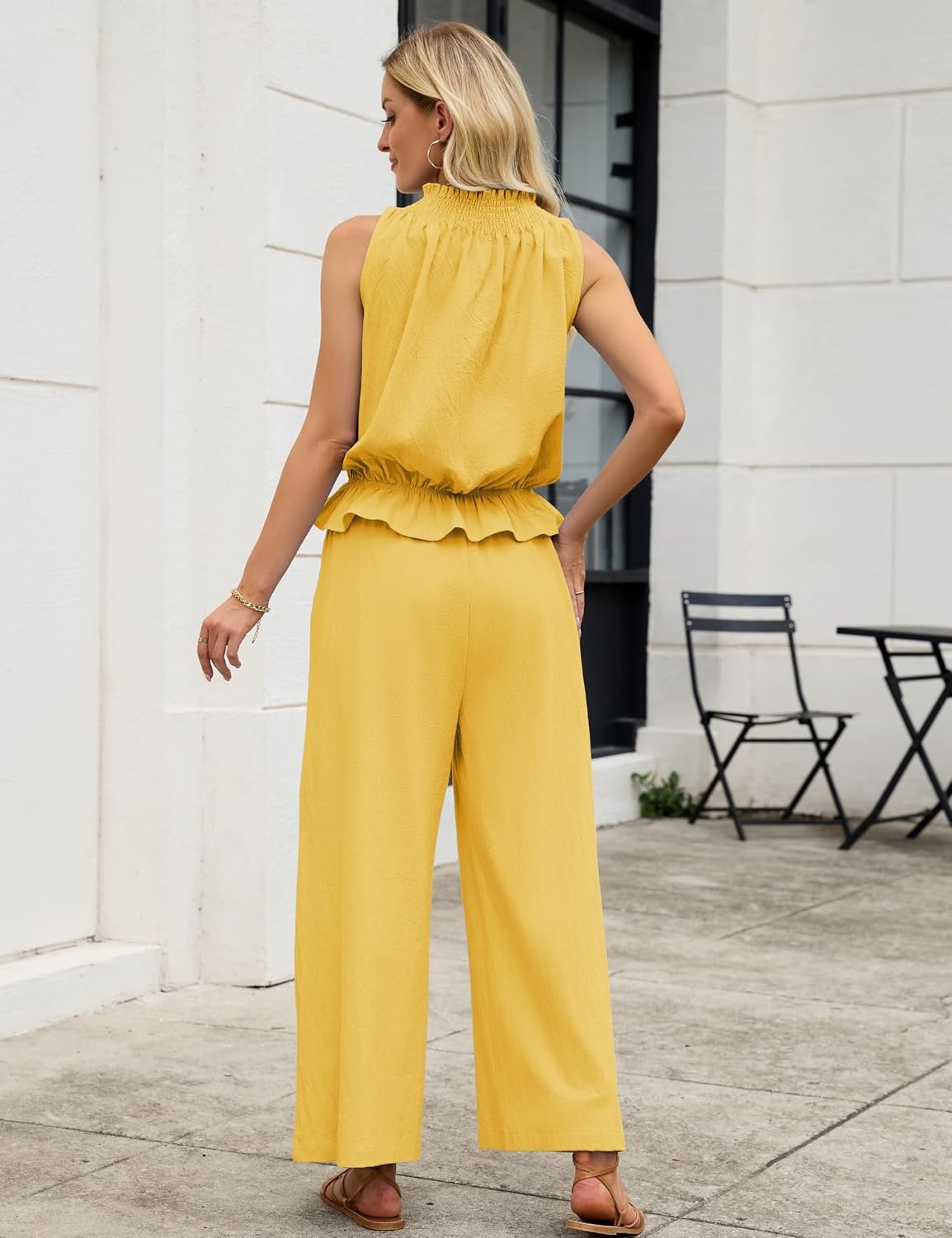 image:imageTanming Womens Linen 2 Piece Outfits Sleeveless Ruffle Top Wide Leg Pants Summer Loungewear Beach Travel SetsYellow