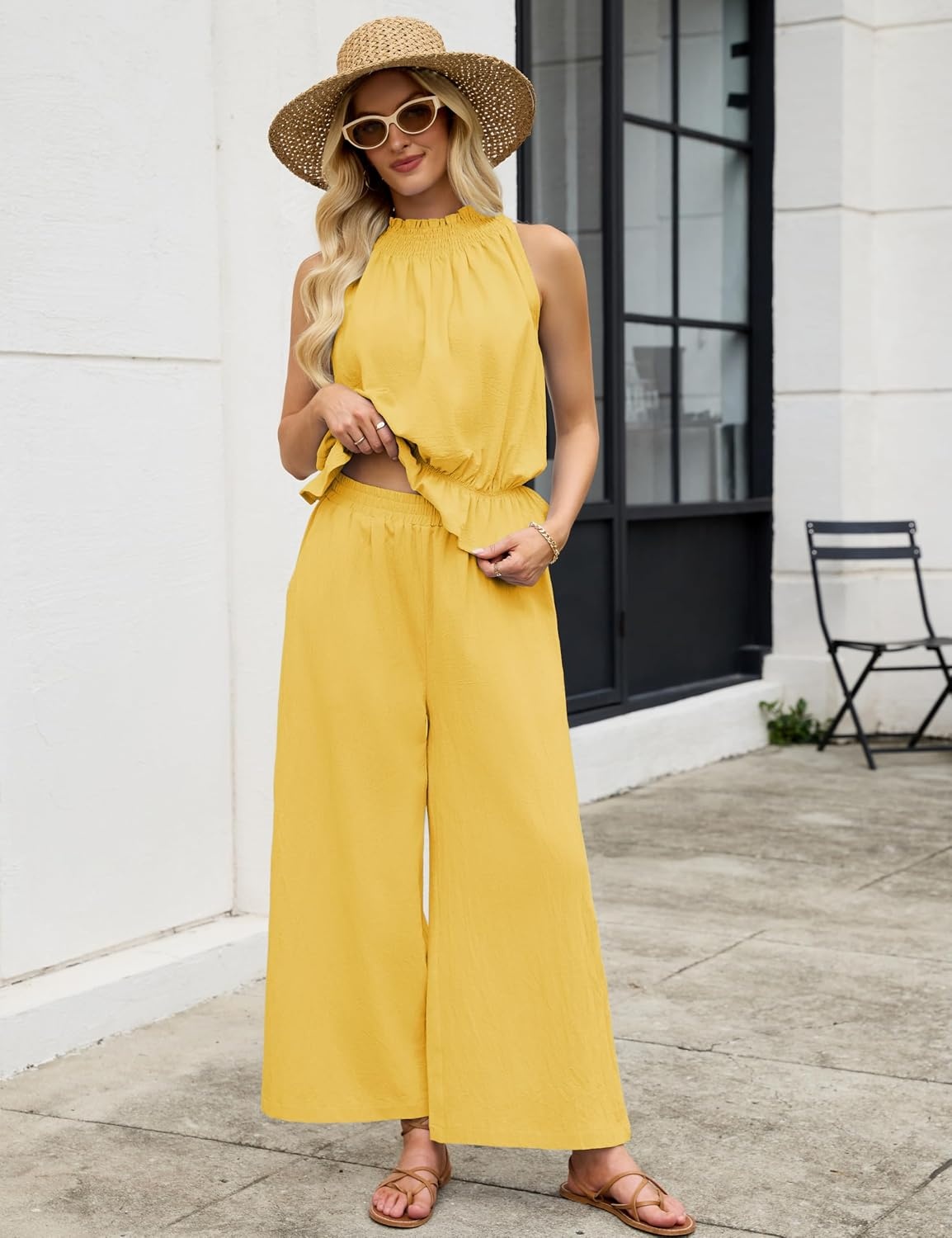 image:imageTanming Womens Linen 2 Piece Outfits Sleeveless Ruffle Top Wide Leg Pants Summer Loungewear Beach Travel SetsYellow