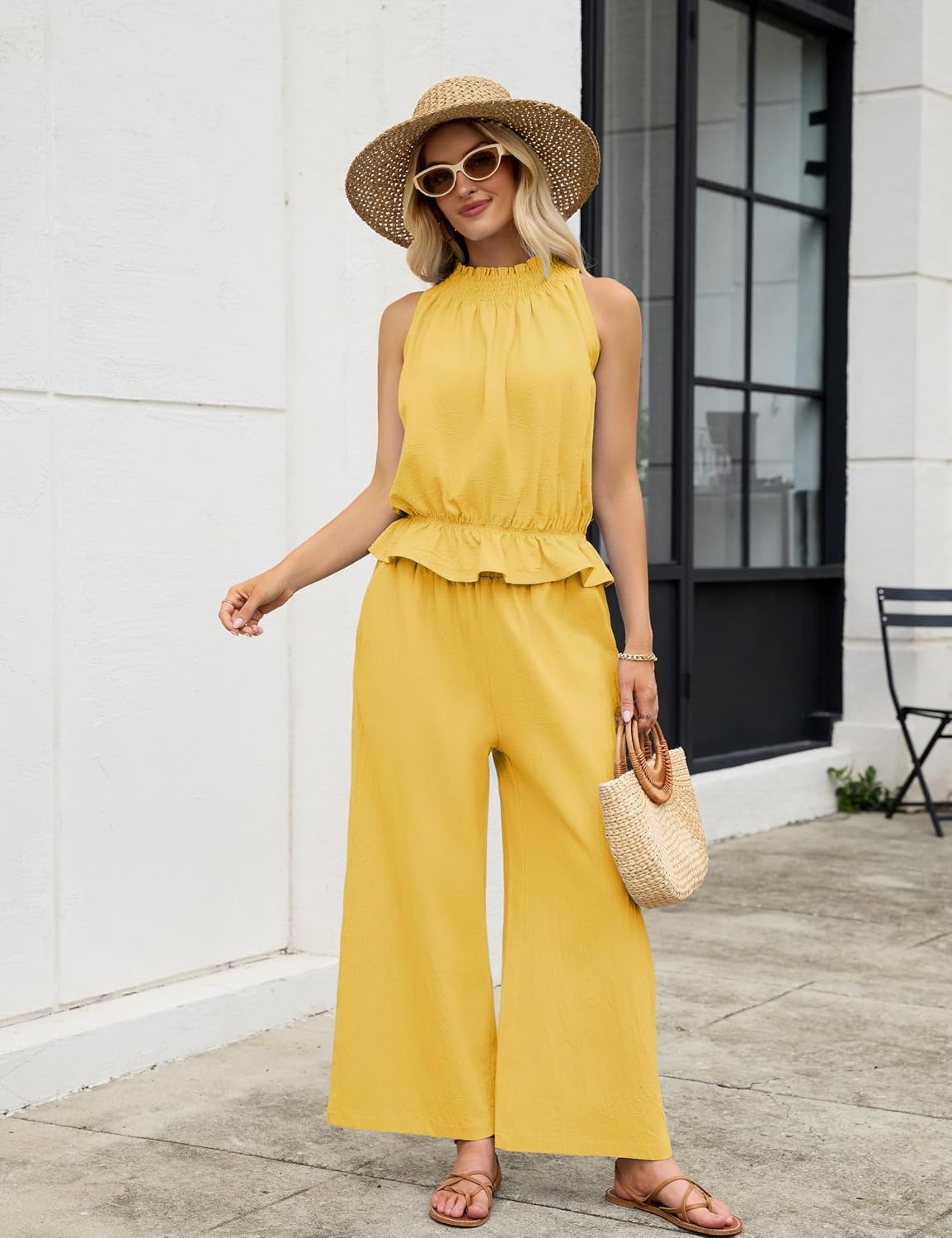 image:imageTanming Womens Linen 2 Piece Outfits Sleeveless Ruffle Top Wide Leg Pants Summer Loungewear Beach Travel SetsYellow