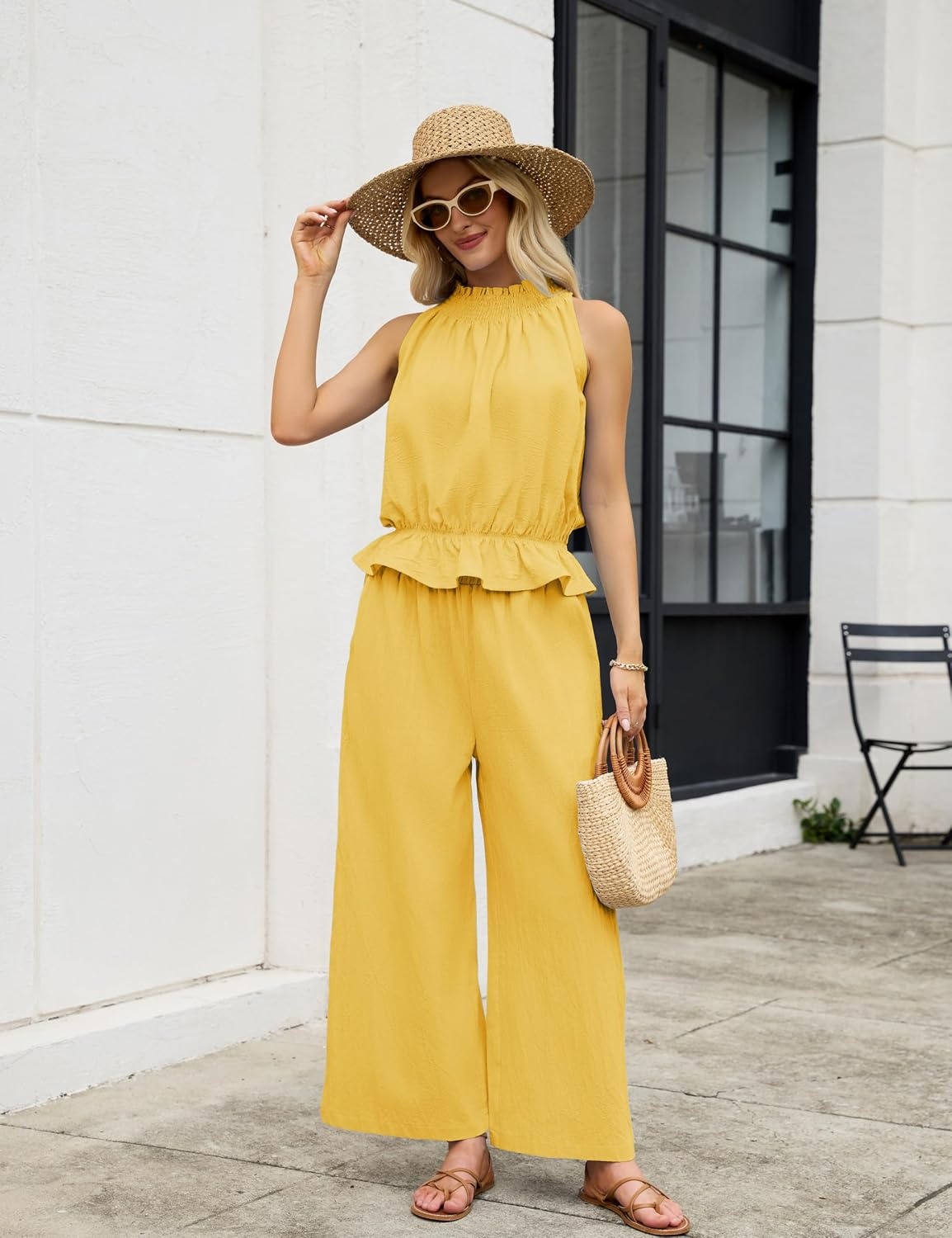 image:imageTanming Womens Linen 2 Piece Outfits Sleeveless Ruffle Top Wide Leg Pants Summer Loungewear Beach Travel SetsYellow