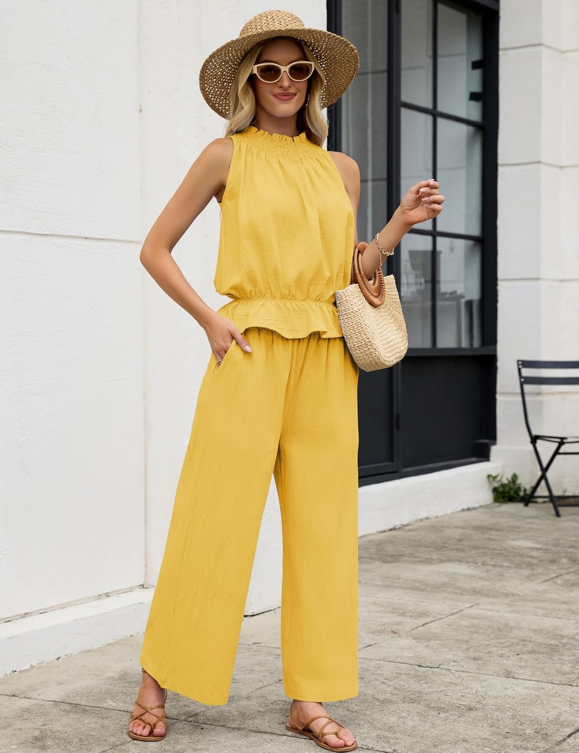 image:imageTanming Womens Linen 2 Piece Outfits Sleeveless Ruffle Top Wide Leg Pants Summer Loungewear Beach Travel SetsYellow