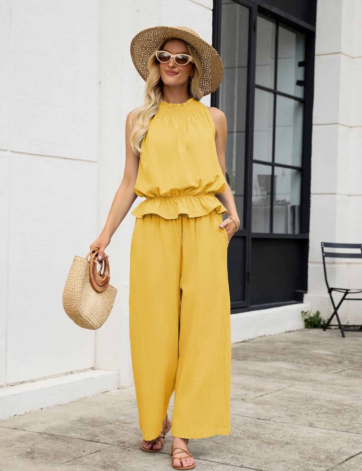 image:imageTanming Womens Linen 2 Piece Outfits Sleeveless Ruffle Top Wide Leg Pants Summer Loungewear Beach Travel SetsYellow