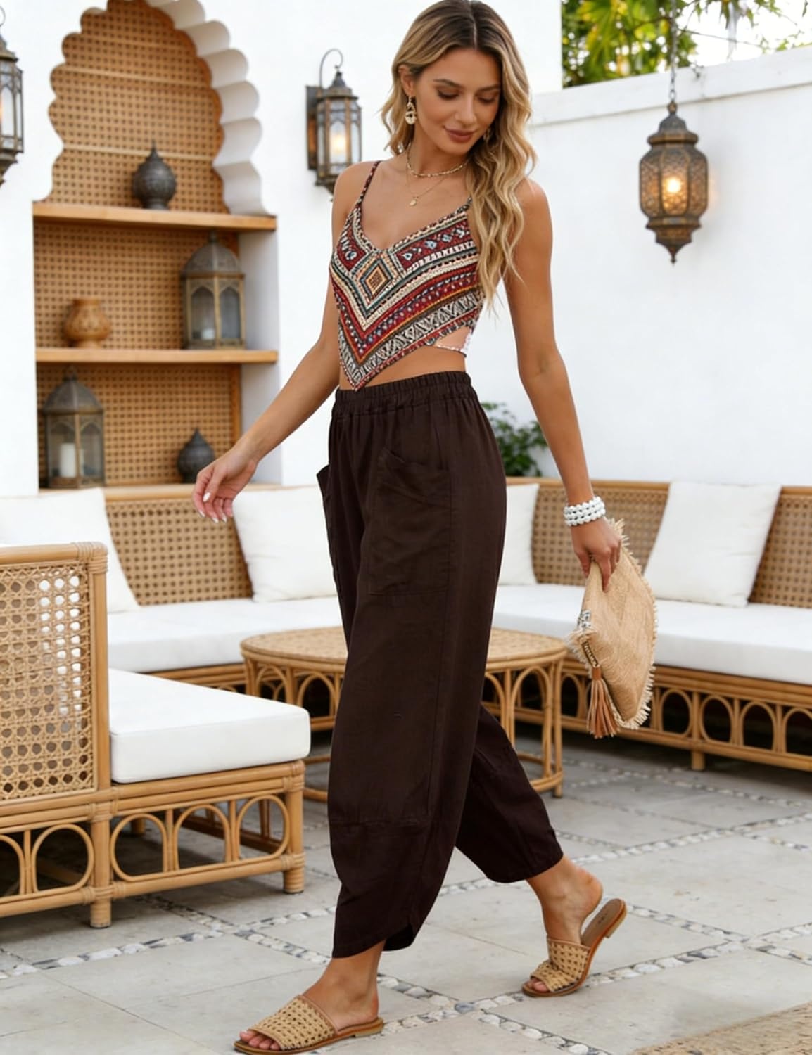 image:imageTanming Womens Linen Harem Pants Elastic Waist Tapered Wide Leg Pants Loose Fit Oversized Baggy Capris Slack with PocketsCoffee