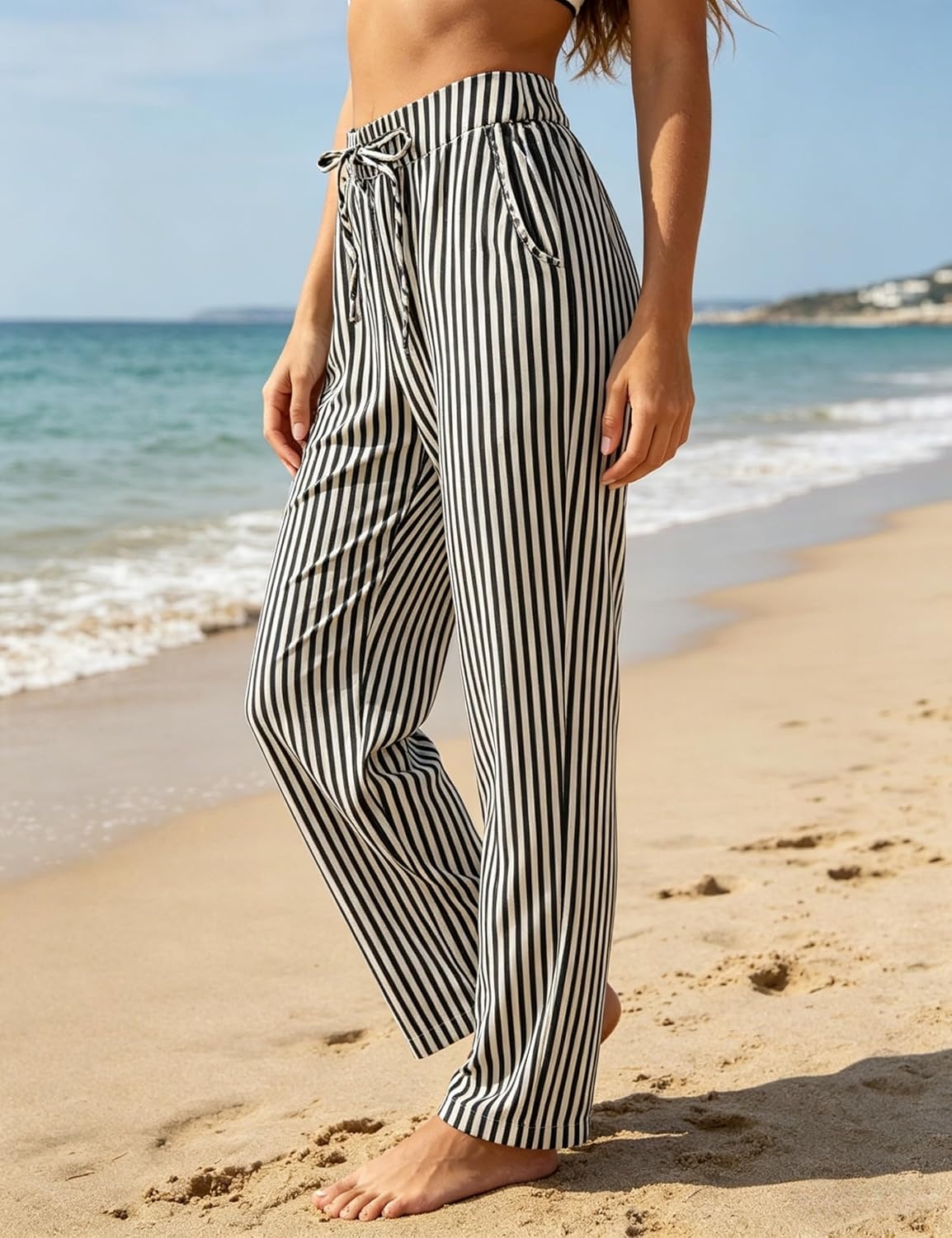 image:imageTanming Womens Striped Pants Summer Casual High Waisted Drawstring Beach Pant Tapered Trousers with PocketsBlack