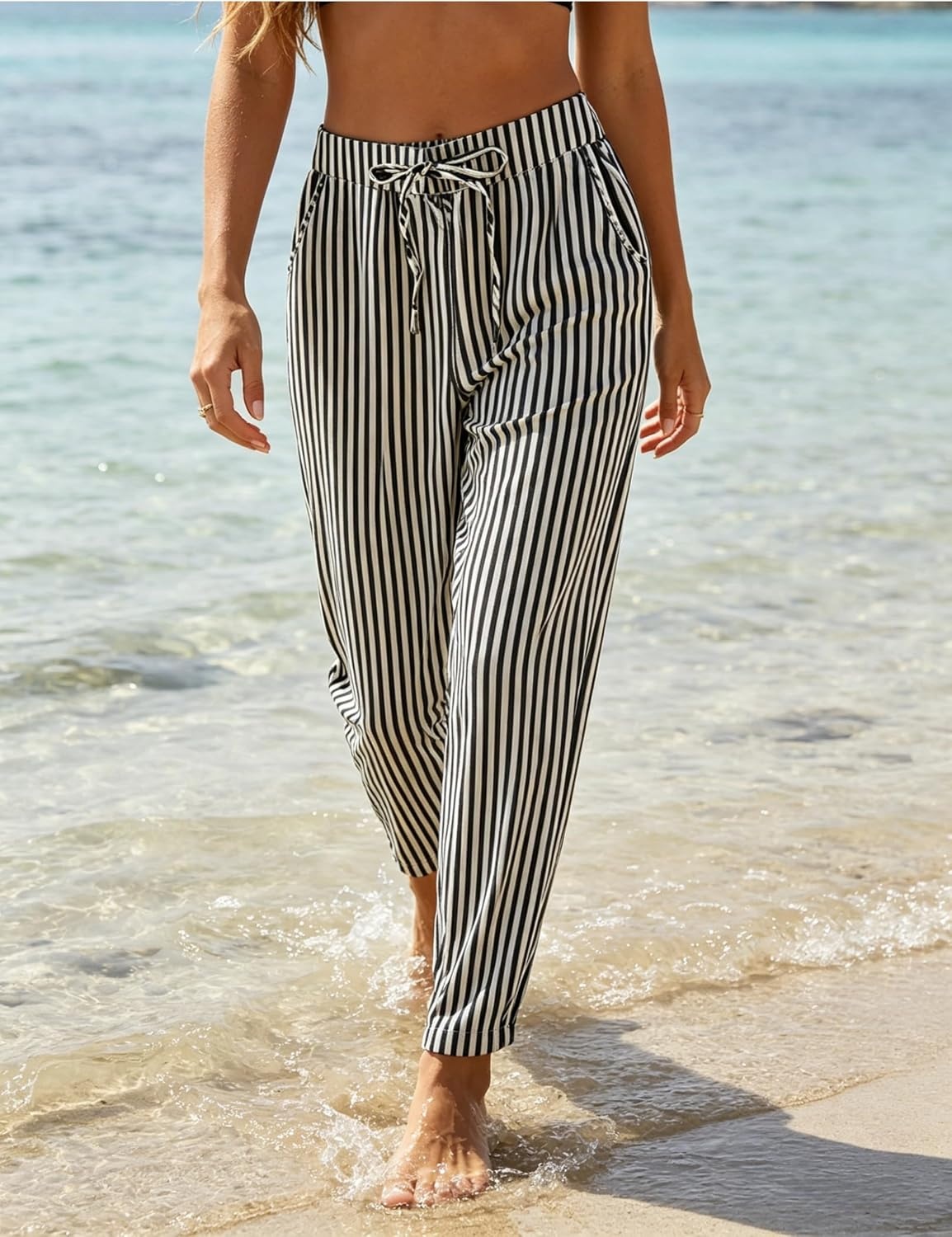 image:imageTanming Womens Striped Pants Summer Casual High Waisted Drawstring Beach Pant Tapered Trousers with PocketsBlack