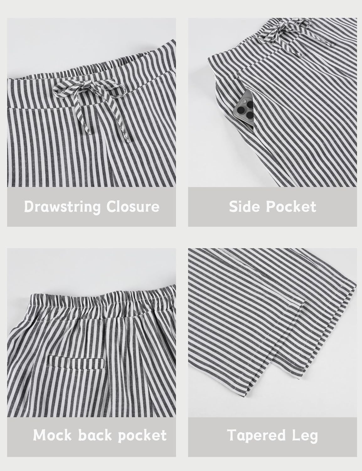 image:imageTanming Womens Striped Pants Summer Casual High Waisted Drawstring Beach Pant Tapered Trousers with PocketsBlack
