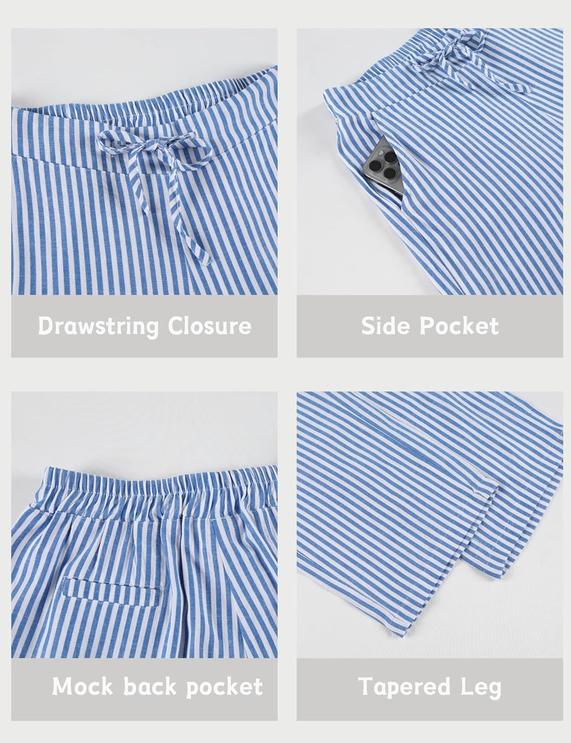 image:imageTanming Womens Striped Pants Summer Casual High Waisted Drawstring Beach Pant Tapered Trousers with PocketsBlue