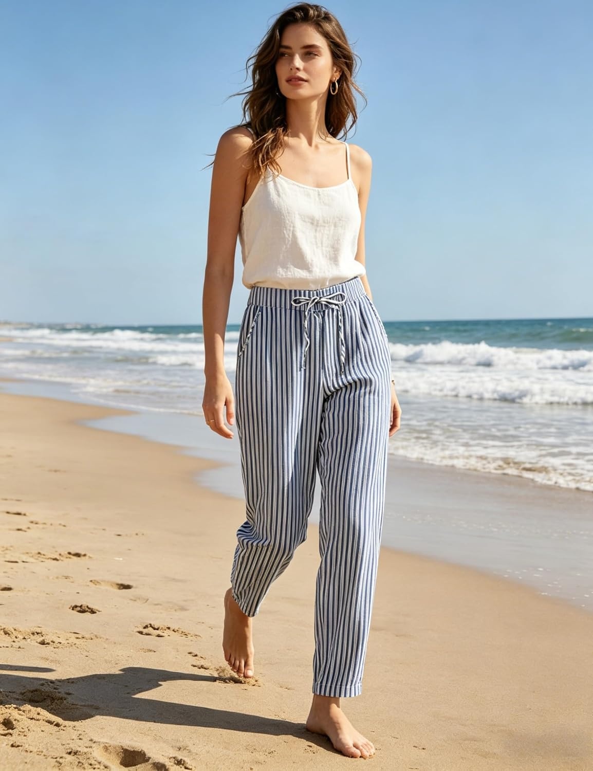 image:imageTanming Womens Striped Pants Summer Casual High Waisted Drawstring Beach Pant Tapered Trousers with PocketsBlue