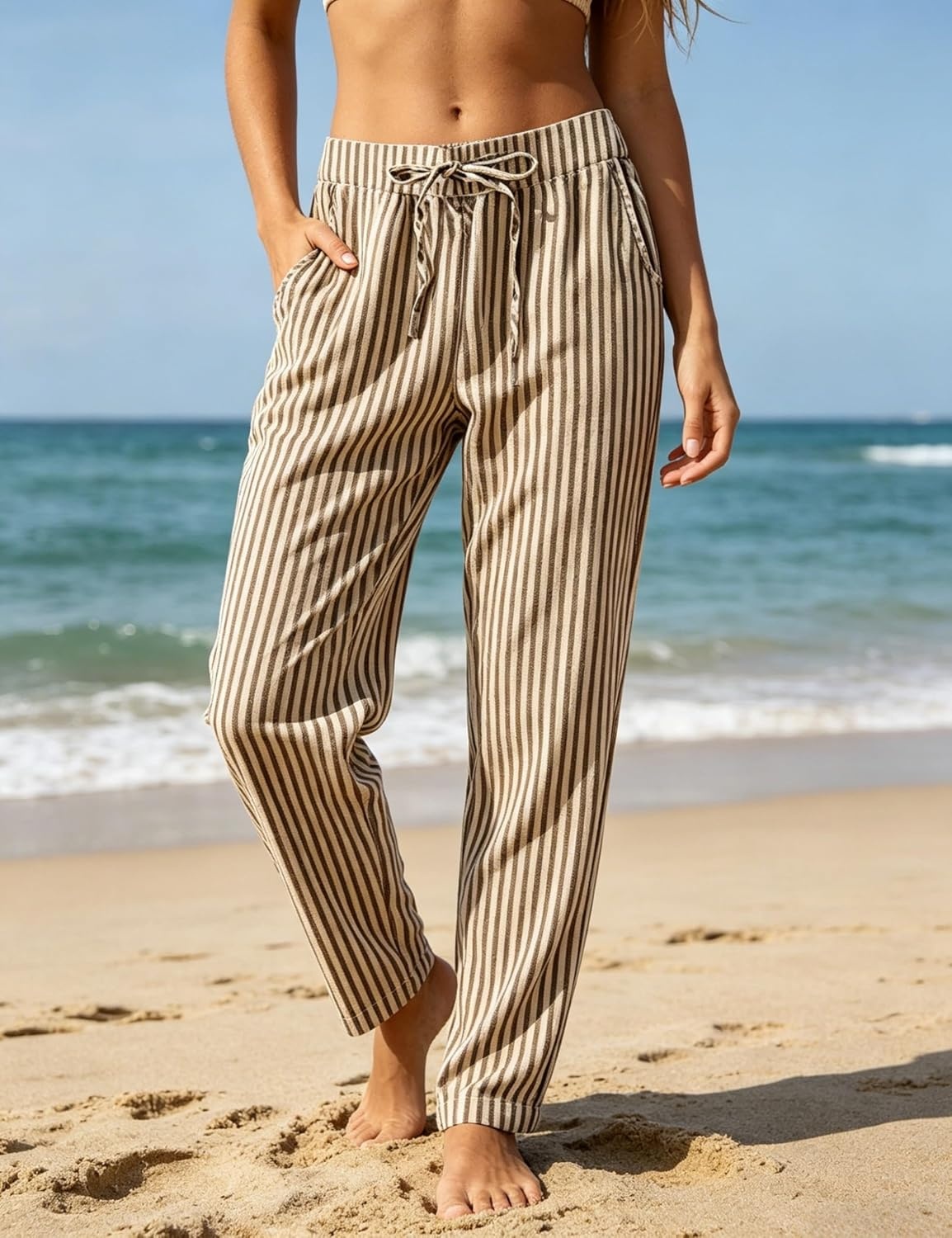 image:imageTanming Womens Striped Pants Summer Casual High Waisted Drawstring Beach Pant Tapered Trousers with PocketsBrown