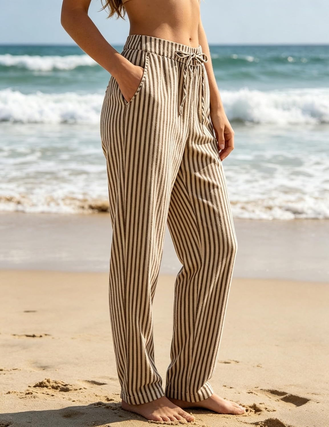 image:imageTanming Womens Striped Pants Summer Casual High Waisted Drawstring Beach Pant Tapered Trousers with PocketsBrown