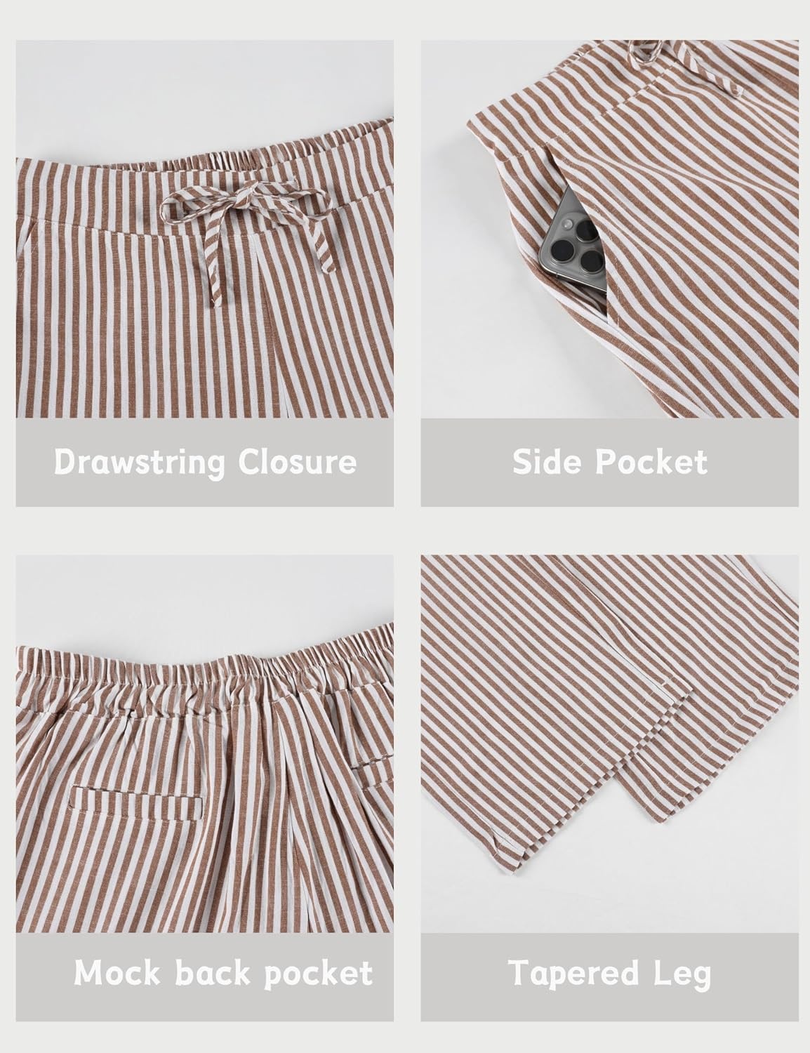 image:imageTanming Womens Striped Pants Summer Casual High Waisted Drawstring Beach Pant Tapered Trousers with PocketsBrown