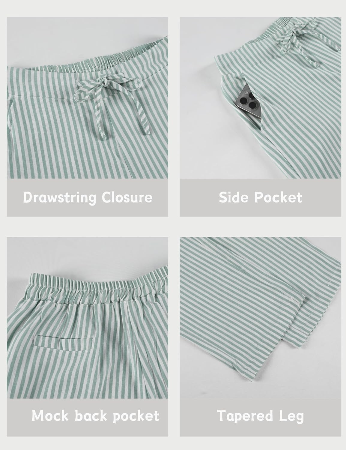 image:imageTanming Womens Striped Pants Summer Casual High Waisted Drawstring Beach Pant Tapered Trousers with PocketsGreen