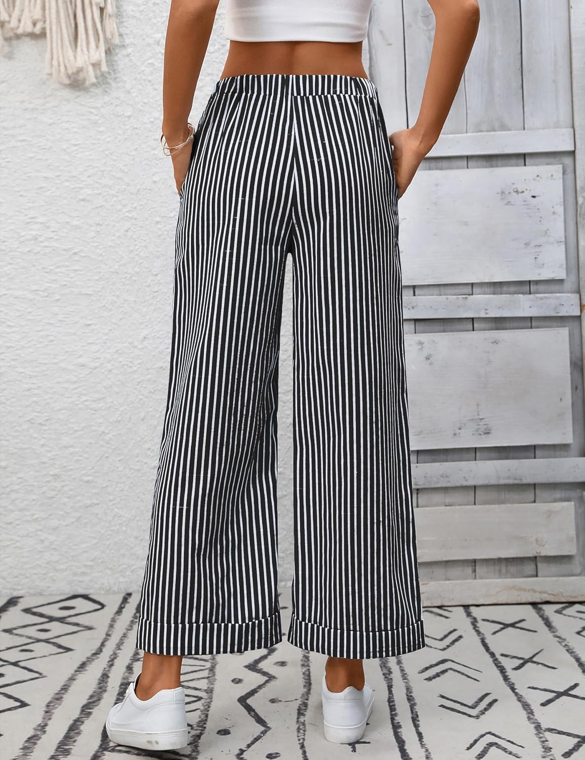 image:imageTanming Womens Wide Leg Pants Elastic Waist Striped Palazzo Pants with Pockets Casual Lounge TrousersBlack