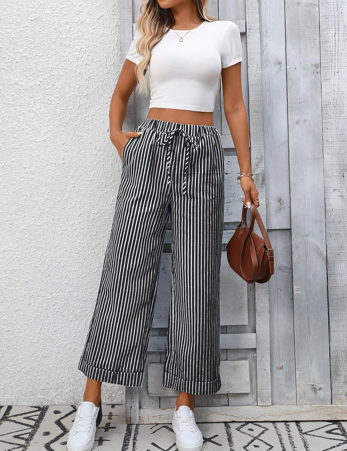 image:imageTanming Womens Wide Leg Pants Elastic Waist Striped Palazzo Pants with Pockets Casual Lounge TrousersBlack