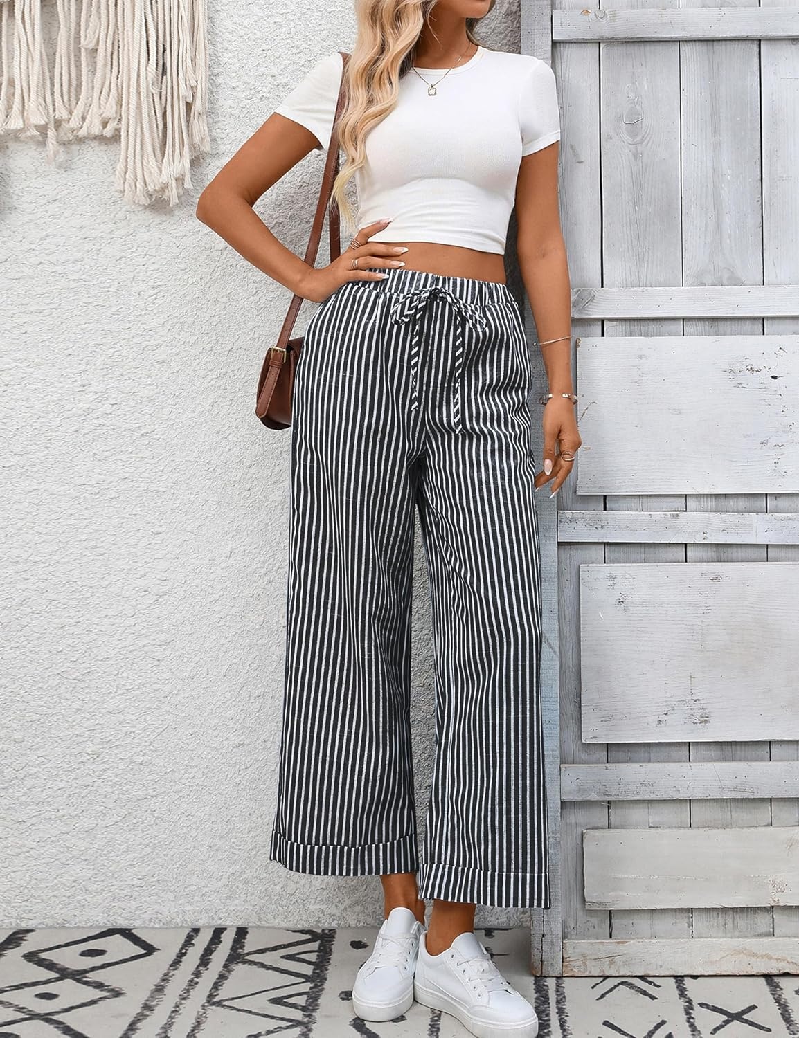 image:imageTanming Womens Wide Leg Pants Elastic Waist Striped Palazzo Pants with Pockets Casual Lounge TrousersBlack